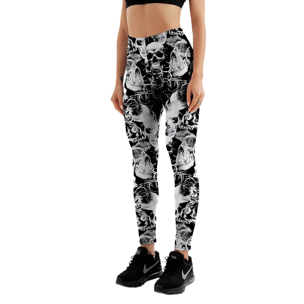 Gothic Women's Stretchy Leggings with Skull Printed / Casual Black Gradient Pencil Skinny Trousers