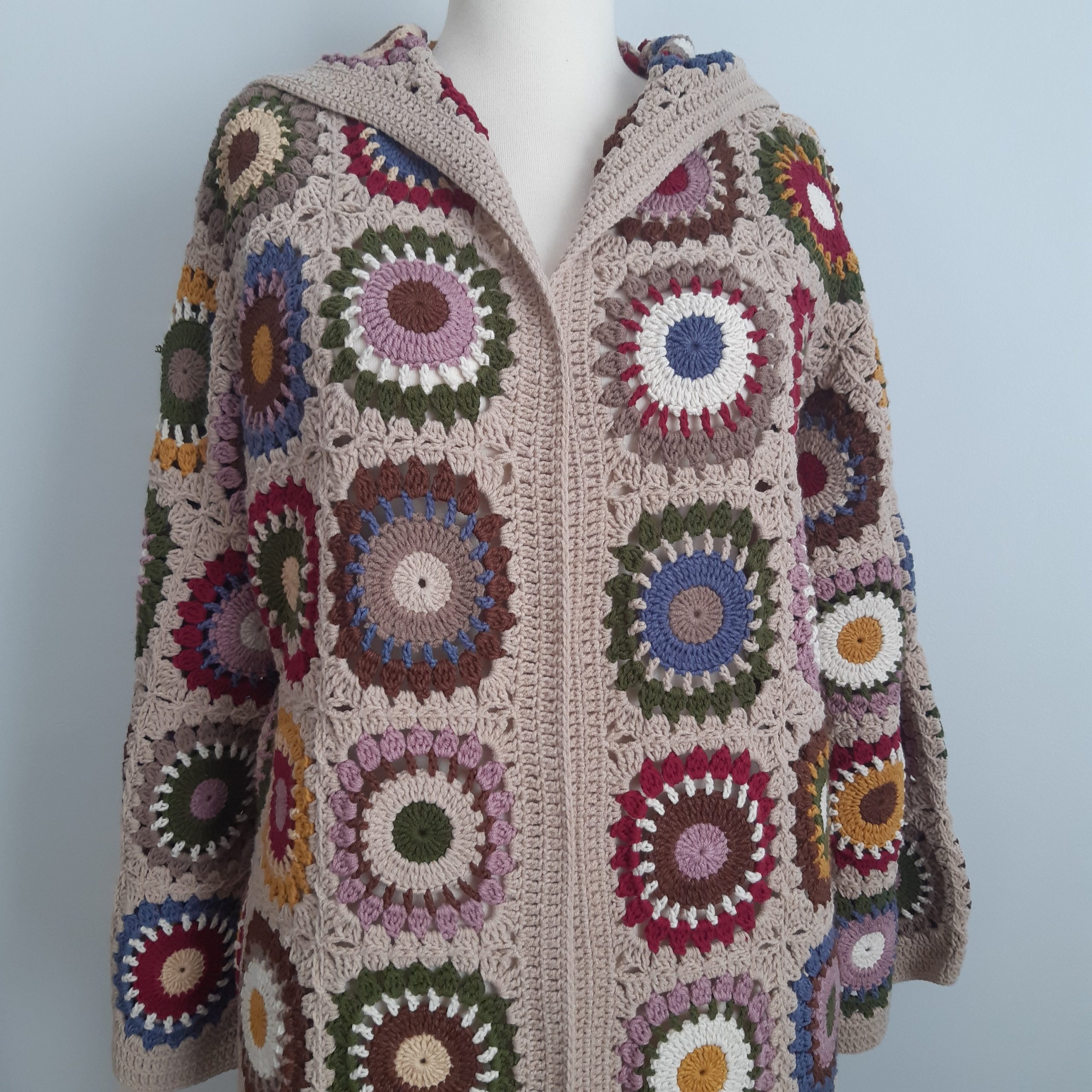 Granny Square Afghan Sweater, Knit Crochet Coat, Hoodie Duster, Beige Handknit Coat, Long Cotton Patchwork Cardigan