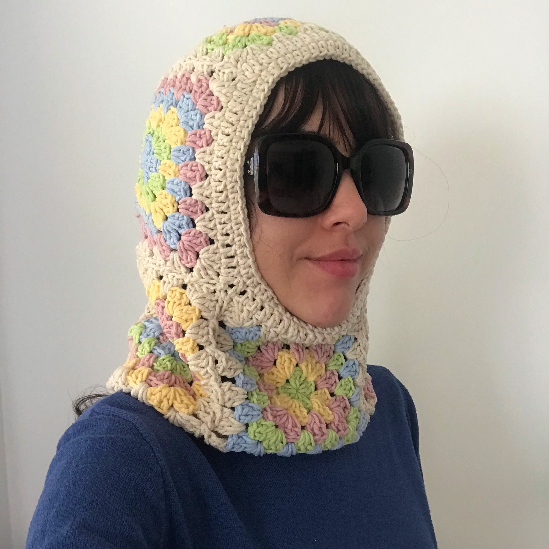 Granny Square Pastel Balaclava, Crochet Ski Mask, Hoodie, Chunky Fashion Beanie