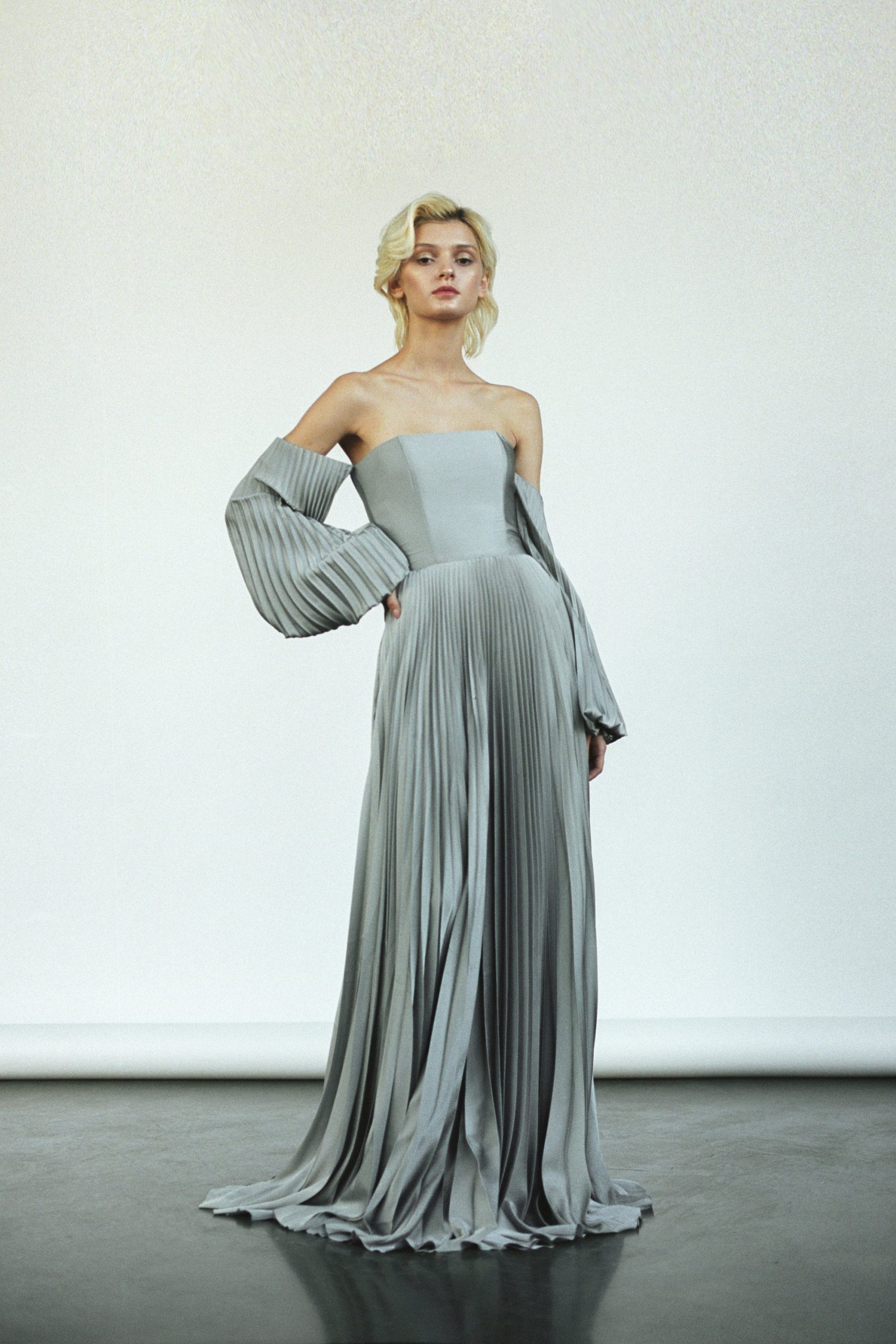 Gray Wedding Dress Pleated Off-Shoulder Wedding Steel Grey Satin Boho Bridal Gown With Pleated Skirt Off-The-Shoulder Long Sleeve Luna