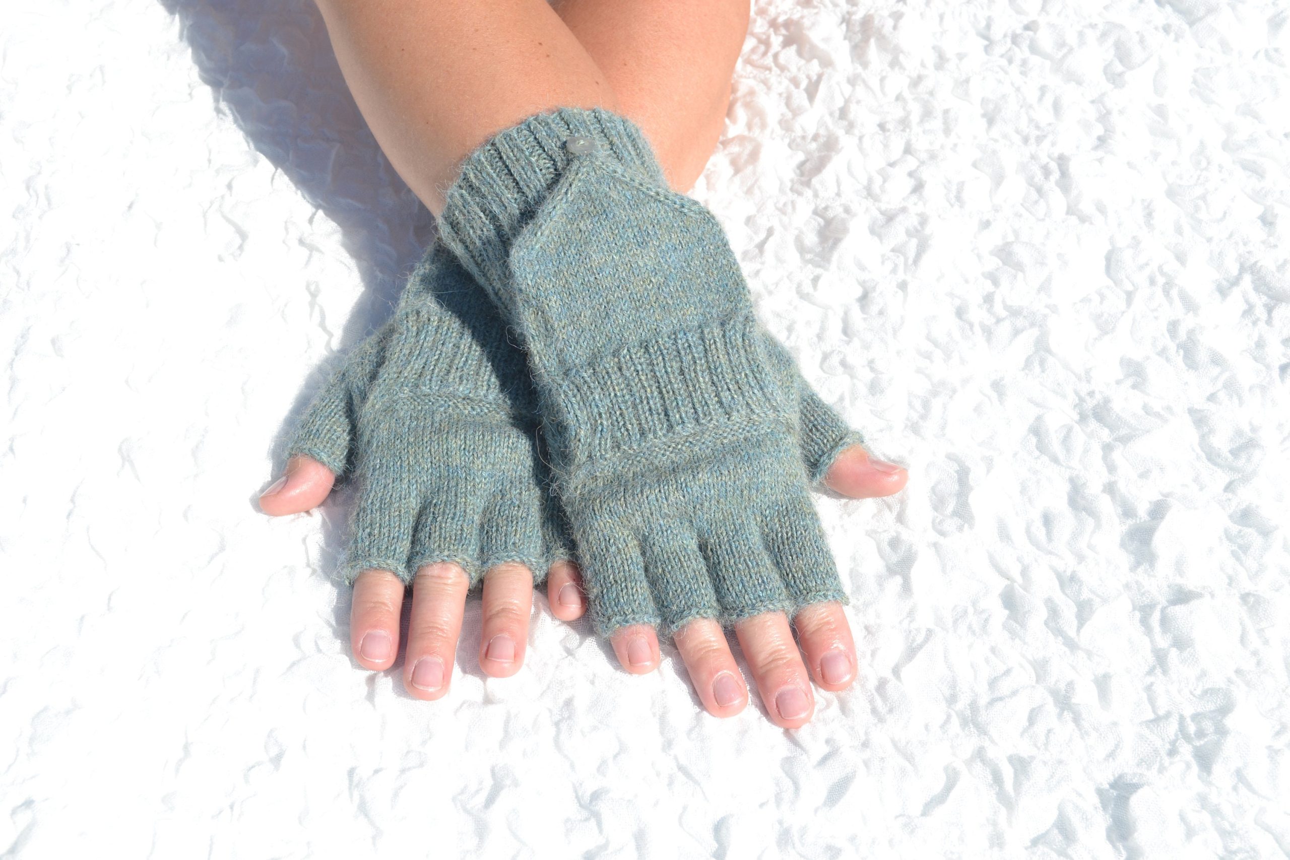 Green Alpaca Wool Convertible Mittens, Hand Knitted Half Finger Gloves To Mittens, Knit Green Flip Top Glomitts