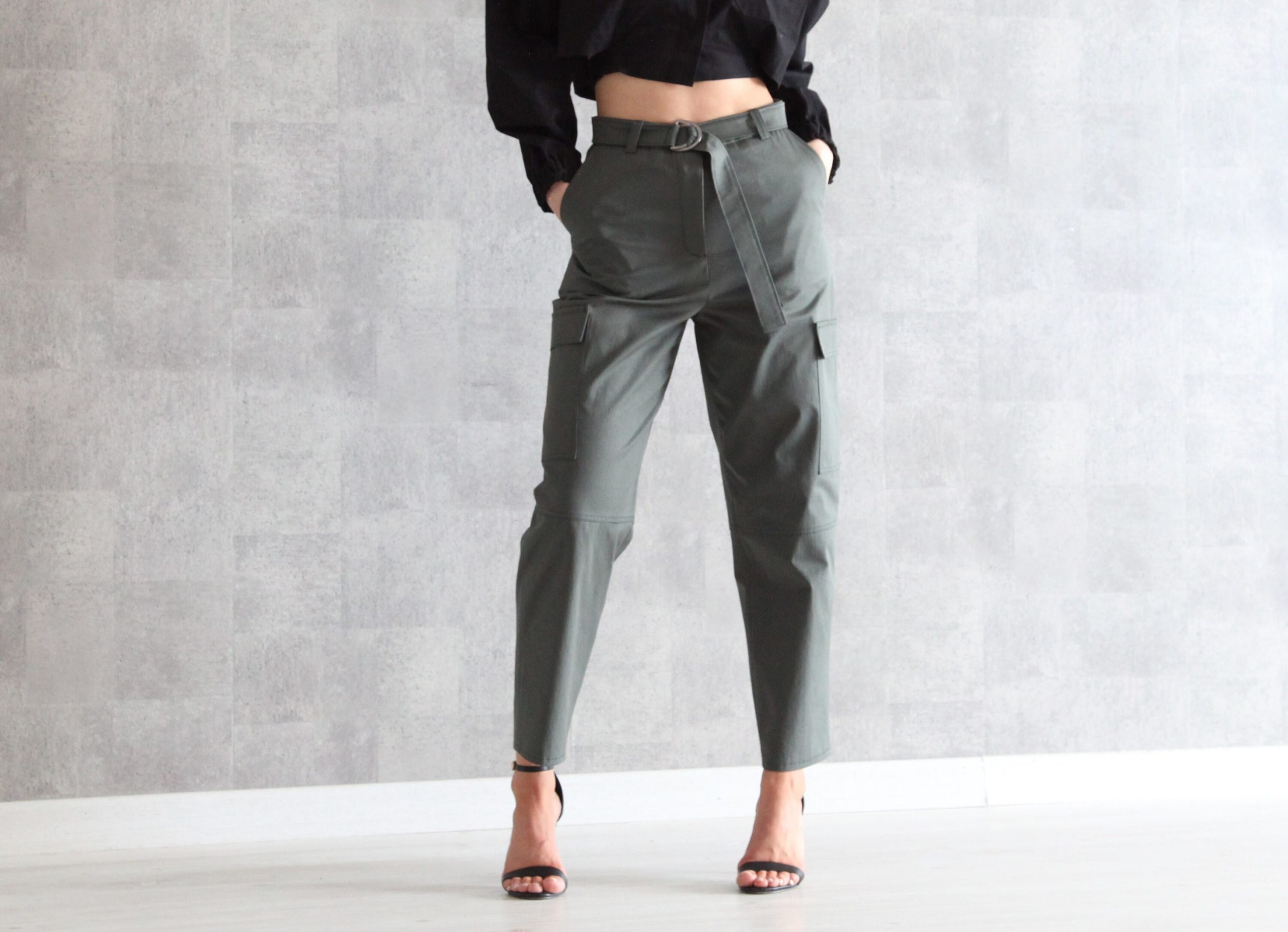 Green Carrot Fit Cargo Pants with Matching Belt Metal Buckle | High Waisted Slouchy Trousers Front & Side Patch Pockets Flaps