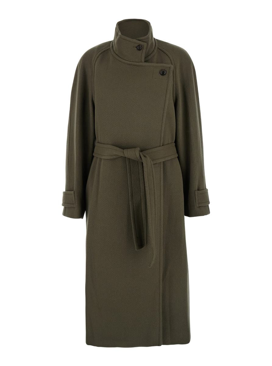 Green Double-Breasted Coat With Removable Belt And Wraparound Design In Wool Blend Woman