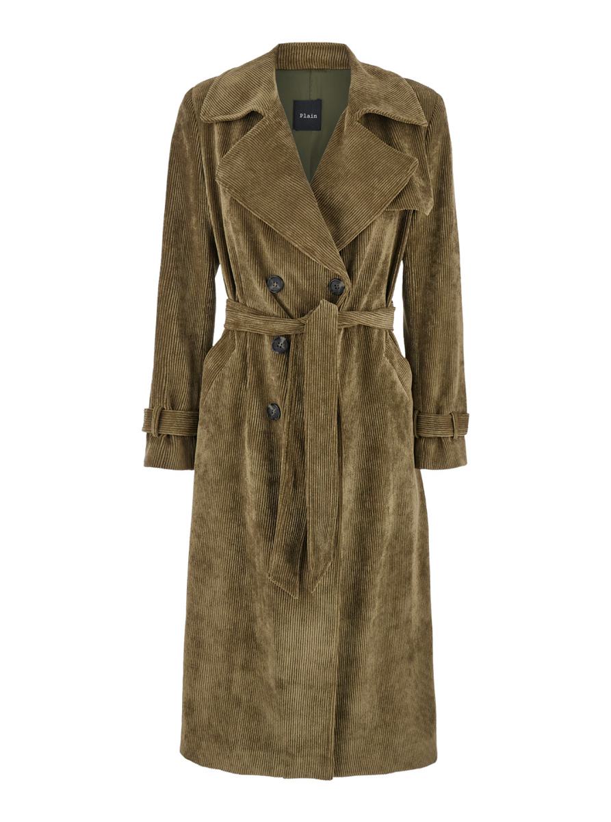 Green Double-Breasted Trench Coat With Matching Belt In Courduroy Woman