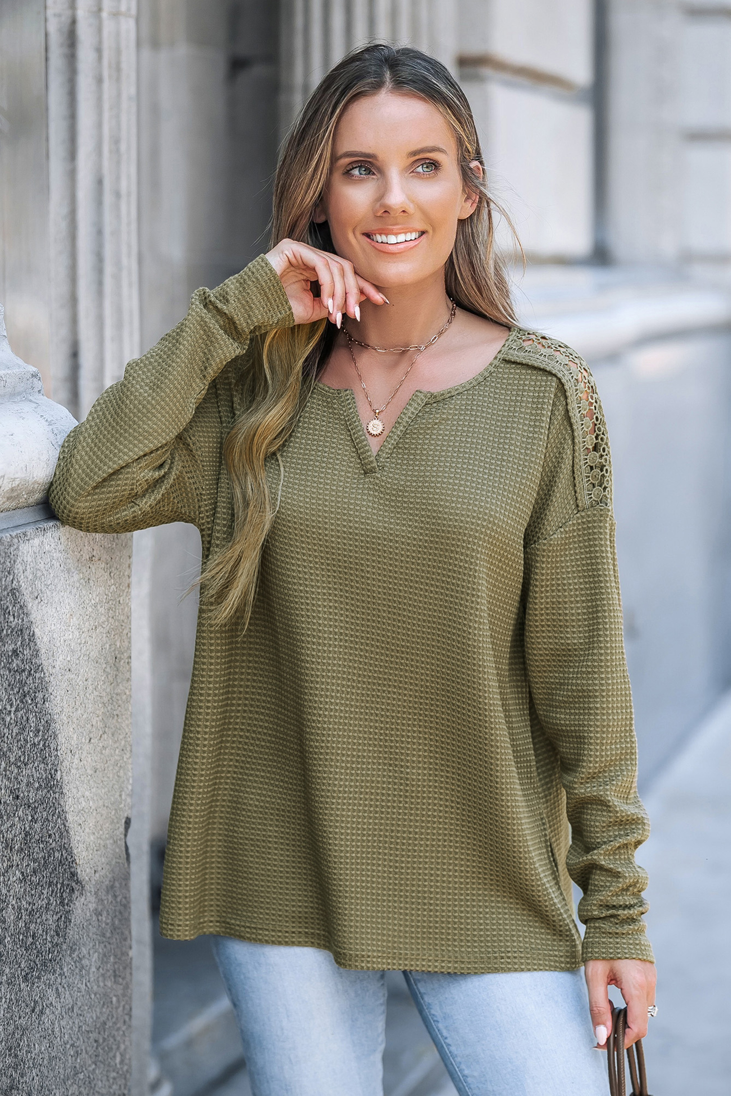 Green Knit Notched Neck Long Sleeve Top - XL