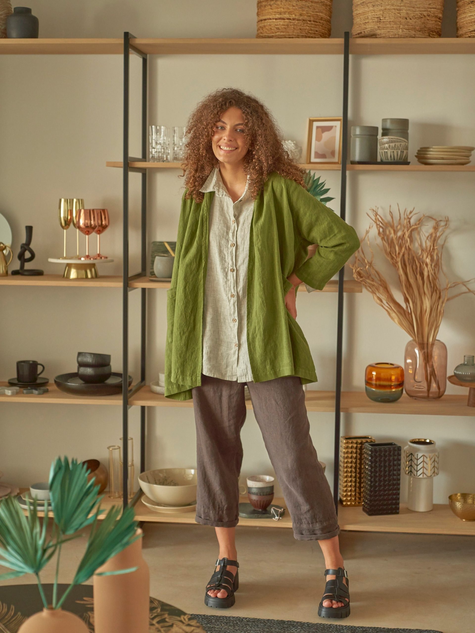 Green Linen Jacket Blazer, Open Type Khaki Jacket, Long Sleeves Duster Coat Niche in Moss