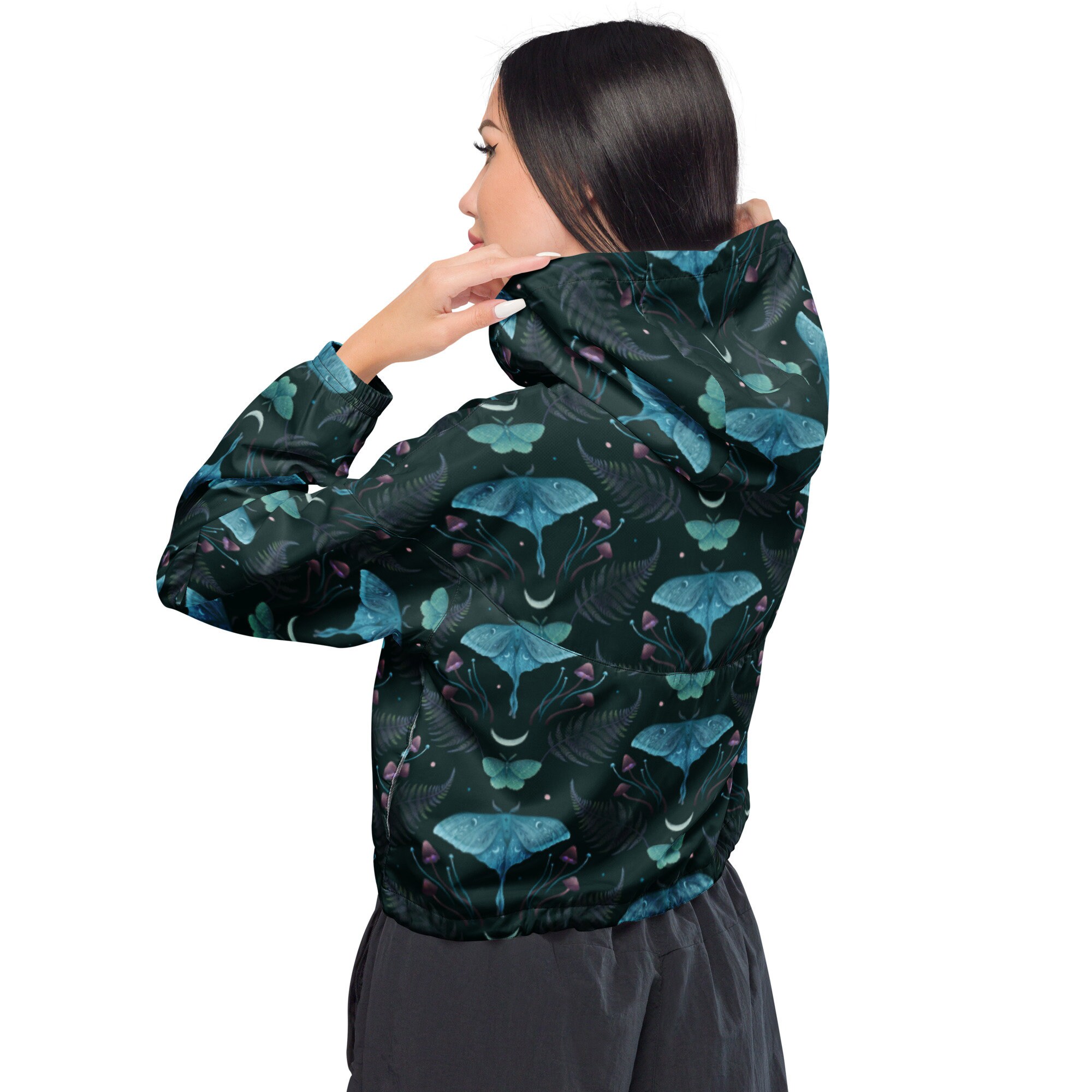 Green Luna Moth Cropped Windbreaker, Mystical Butterfly Half Zip Hoodie, Aesthetic All Over Printed Windbreaker Jacket For Women