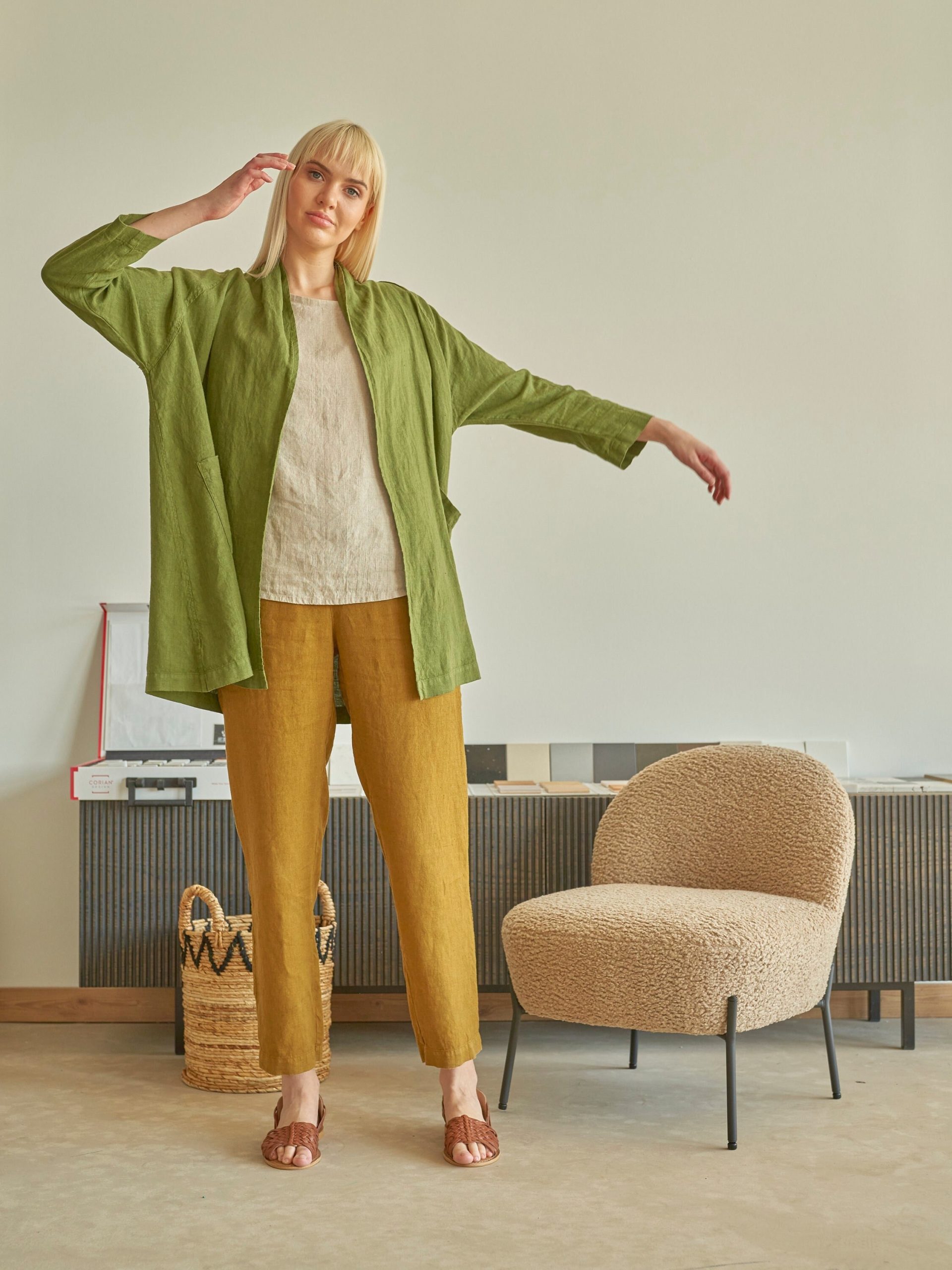 Green Open Type Loose Green Linen Jacket, Khaki Cardigan Coat, Long Sleeves Blazer Duster Niche in Moss