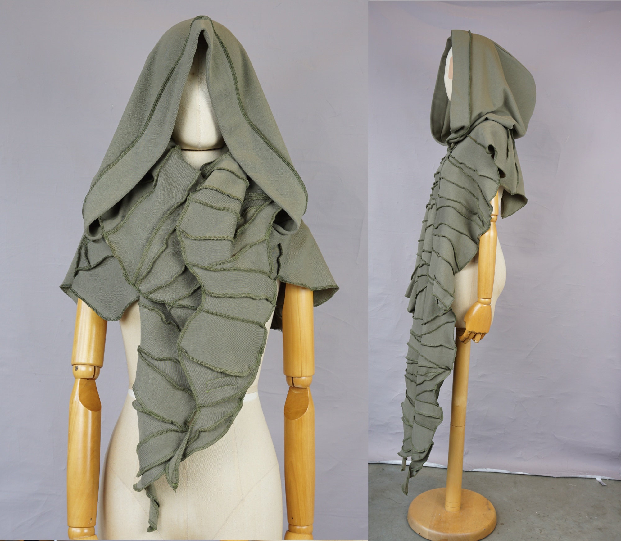 Green Oversized Hooded Scarf, Xxl Victorian Cape, Ooak, Distressed, Unique, Organic Cotton, Large Hood, Jersey Hoodie, Patchwork, Wanderer