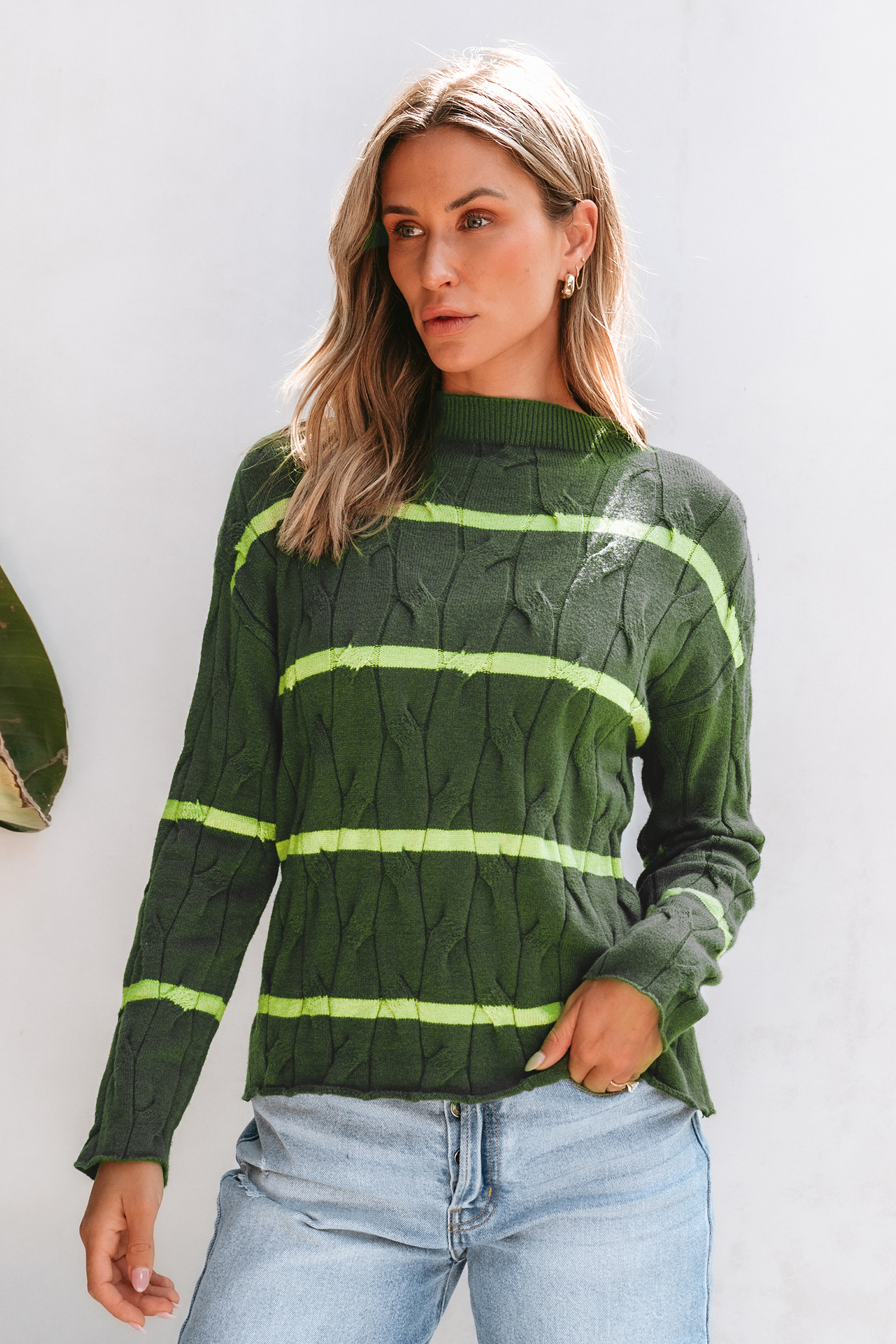 Green Striped Cable Knit Mockneck Sweater Top - S