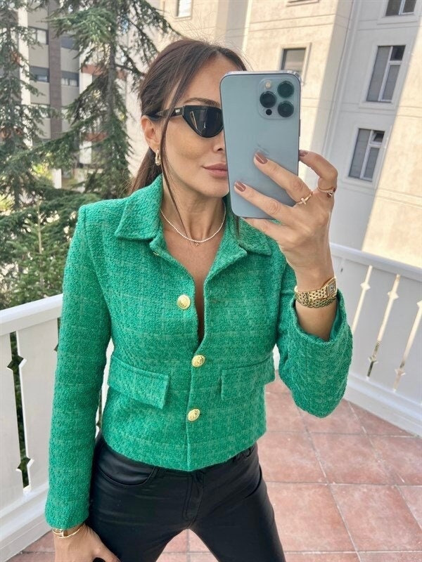 Green Tweed Blazer Jacket Women, Korean Jacket, Short Coat Wool Blazer, Cropped Elegant Gifts For Her