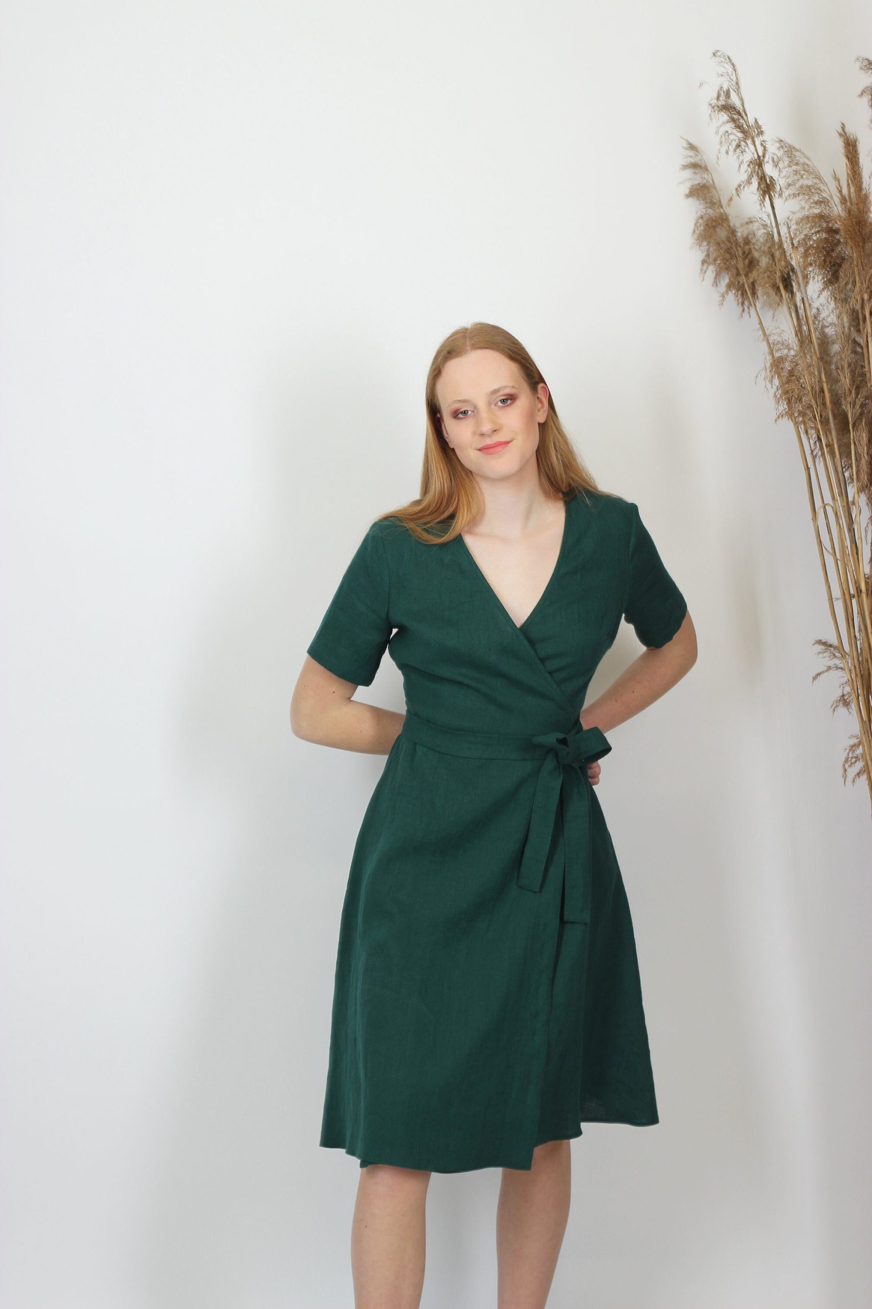 Green Wedding Guest Dress. Linen Elegant Wrap Minimalist Party Summer Midi Romantic A-Line Cocktail Tea