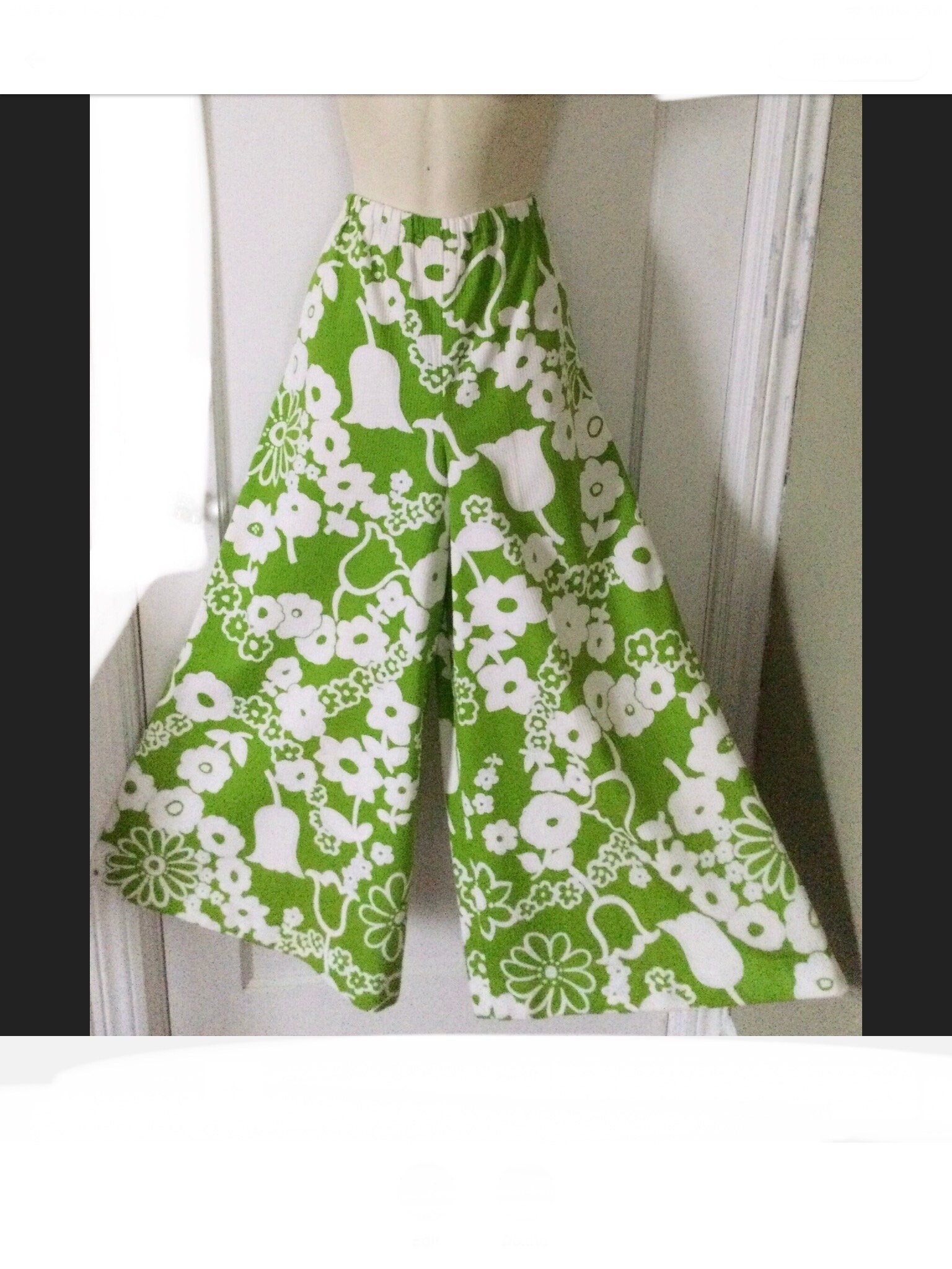 Green/White Floral Cotton 1970's Vintage Wide-Leg Palazzo Pants