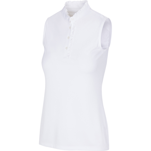 Greg Norman Collection Women's ML75 Ruffle Collar Sleeveless Button Polo Shirt in White, Size XS, Polyester/Fabric