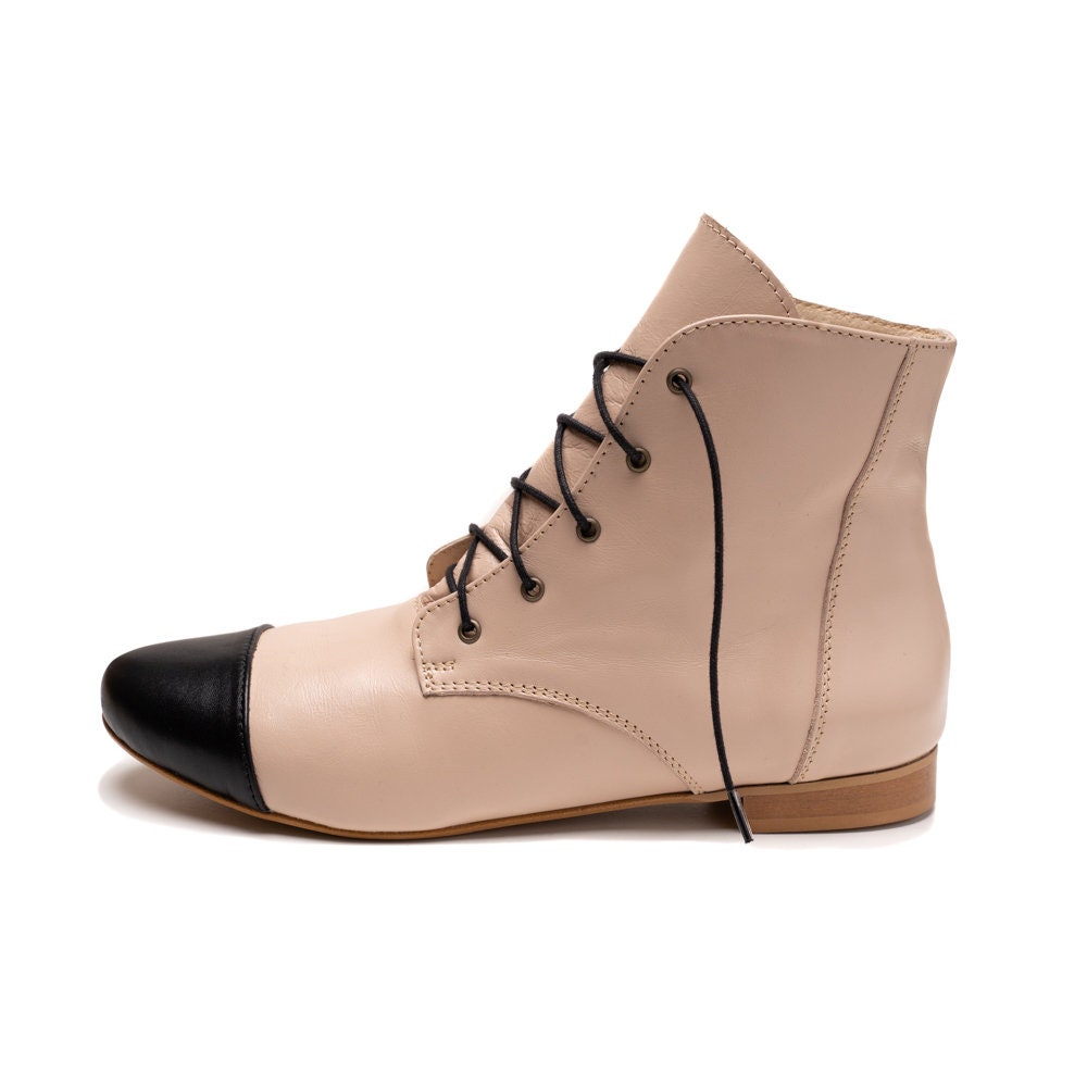 Greta-Leather Ankle Boots, Two Colors Shoes, Lace Up Unkle Boots, Beige Black Boots, Flat Boots, Black Toe Shoes, Pointy Boots