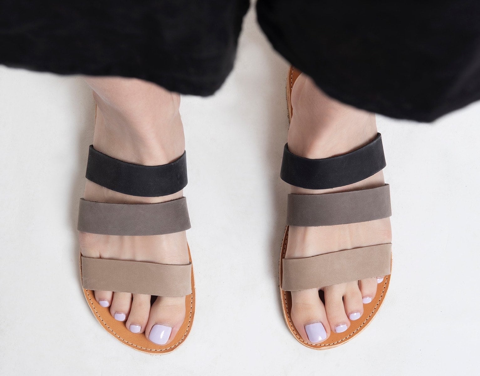 Grey Black Slides Sandals Leather Mules Flat Slider "Maya"