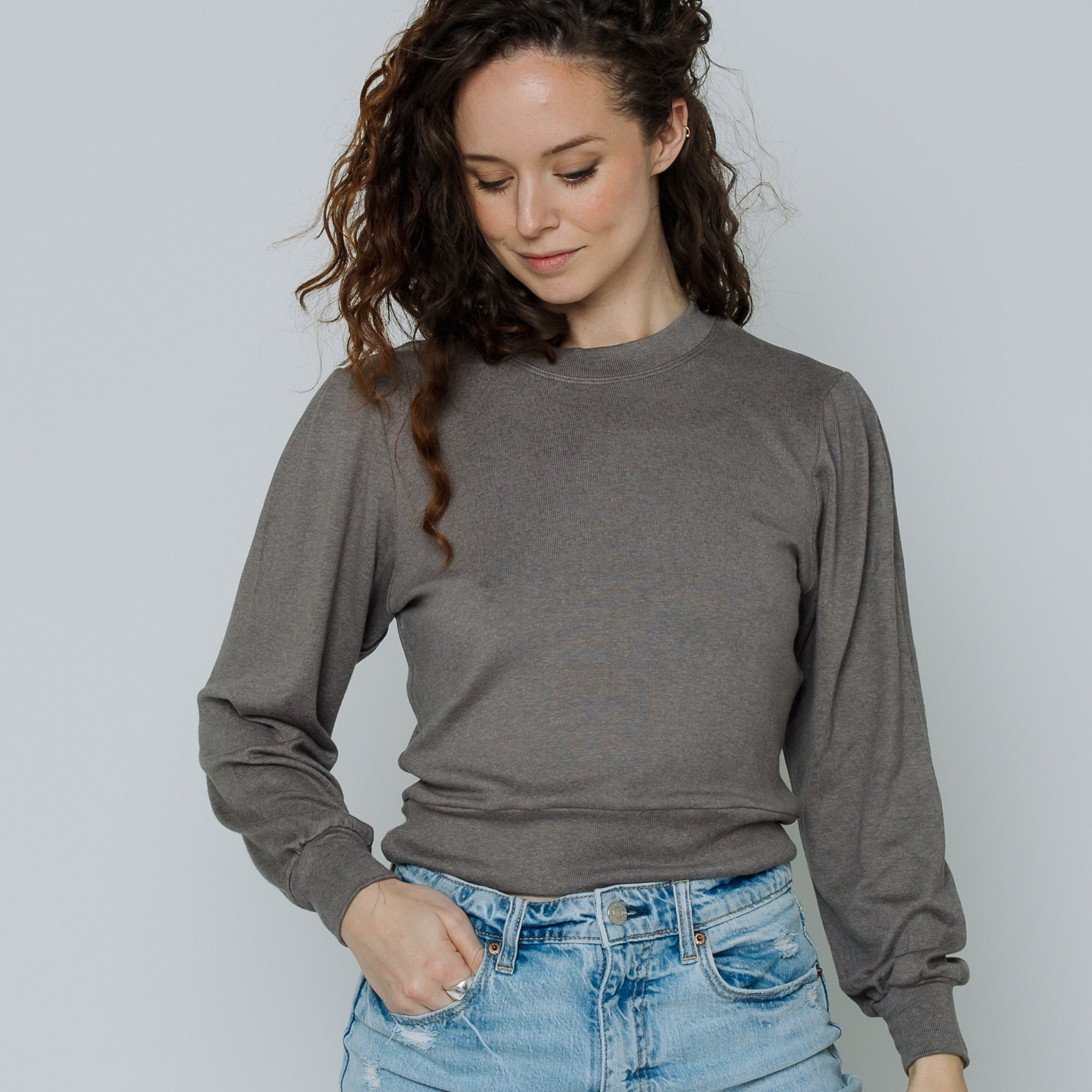 Grey Brown Long-Sleeve Top, Puffy Sleeve, Crew Neck, Light Sweater For Office Or Weekend, Minimalist, Super-Soft, Sustainable, Casual Top