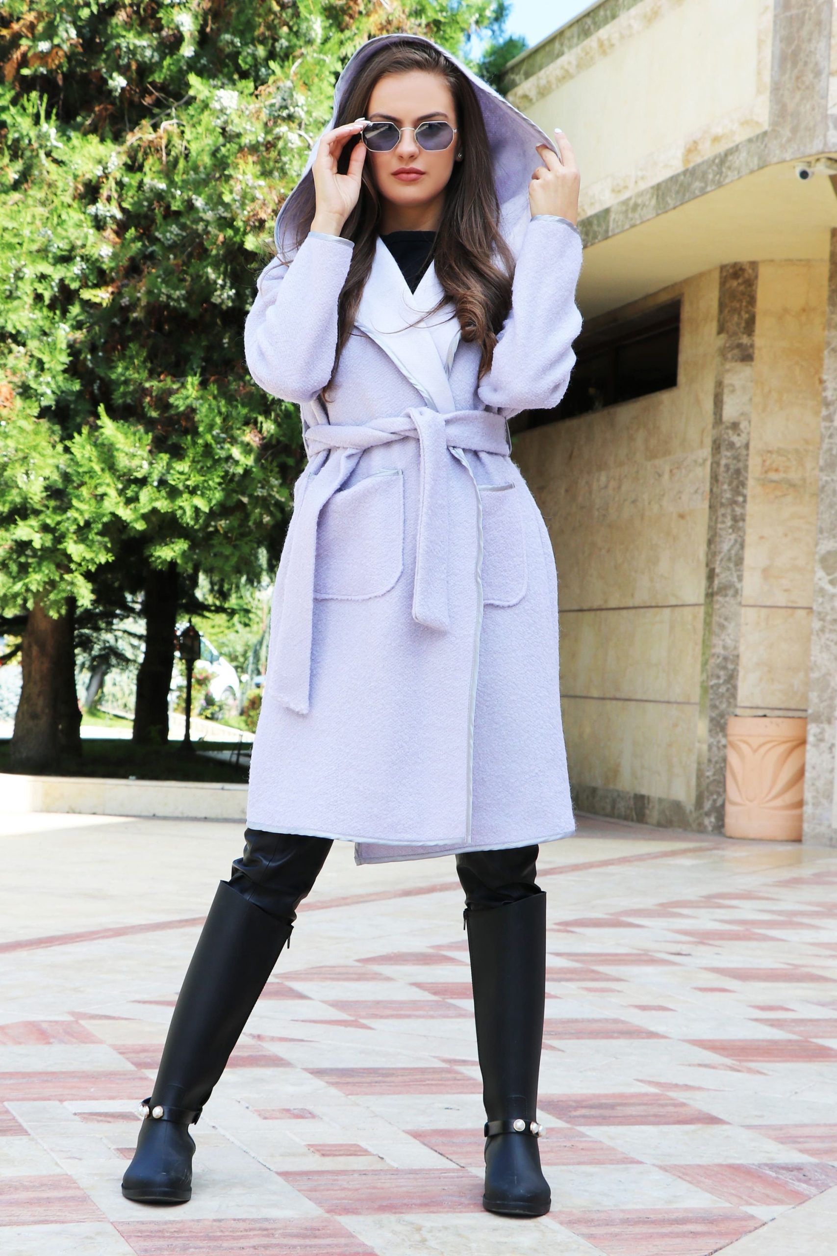 Grey Hooded Coat, Womens Clothing, Coat With Hood, Wrap Jacket, Belted Casual Fall Long Wool ~ 052110