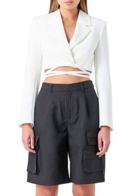 Grey Lab Women's Cropped Blazer with Tie Detail, White, XS