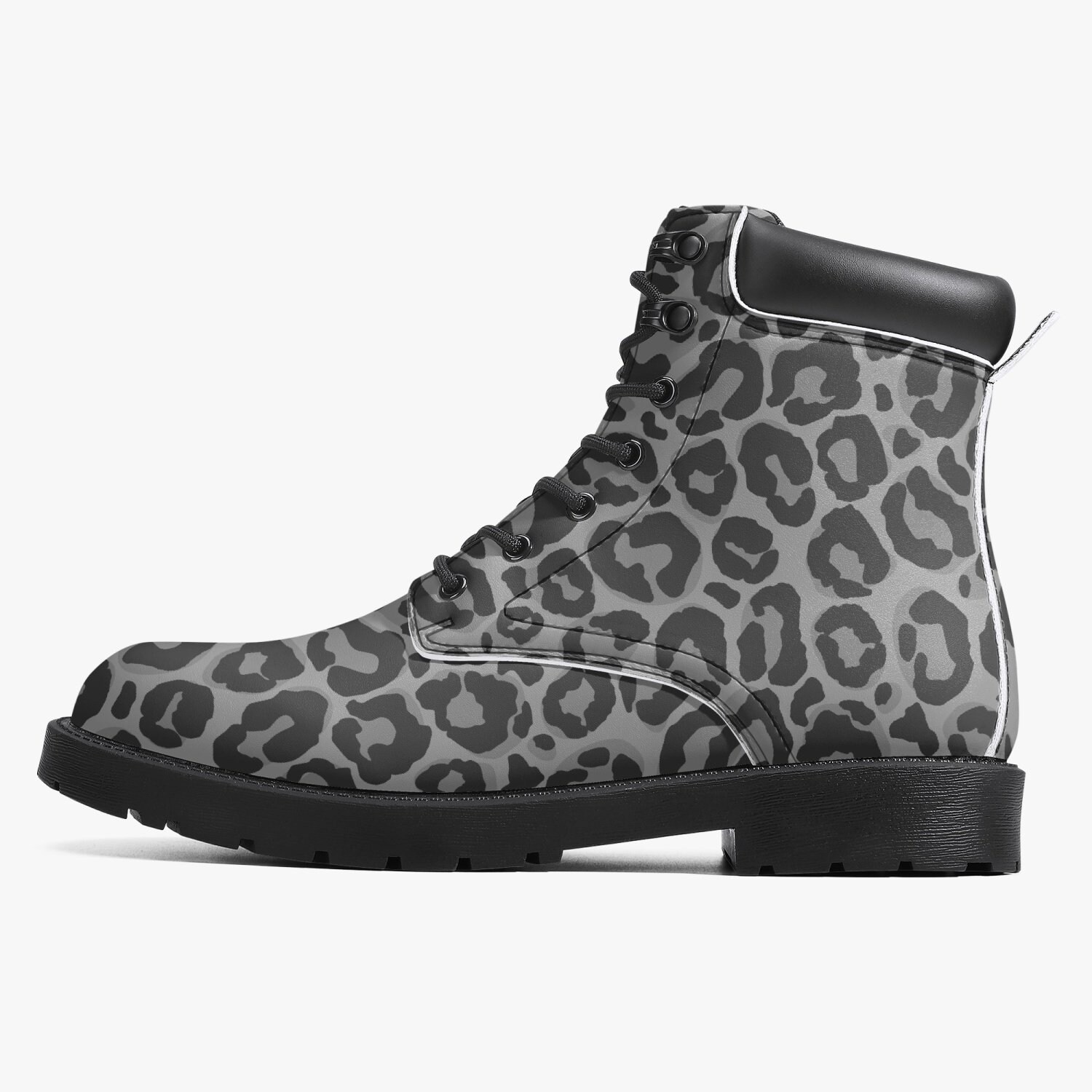 Grey Leopard Leather Boots, Animal Print Lace Up Shoes Waterproof Hiking Festival Black Ankle Combat Work Winter Casual Custom Gift