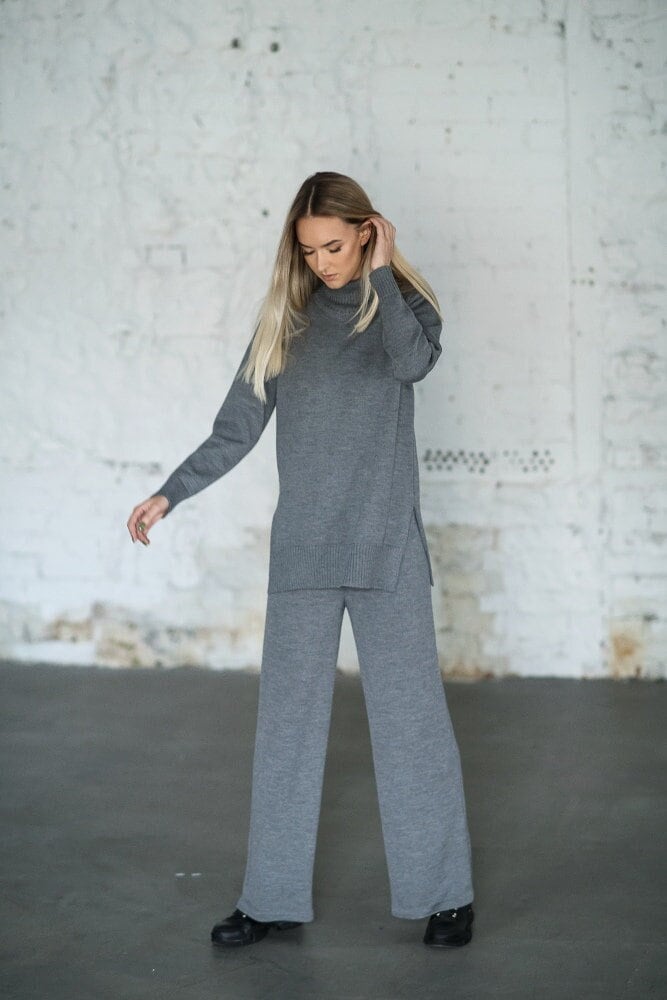 Grey Wide-Leg Pants For Women, Merino Wool Pants, Straight-Leg Minimalist Trousers With Elastic Waist, Women's Loungewear