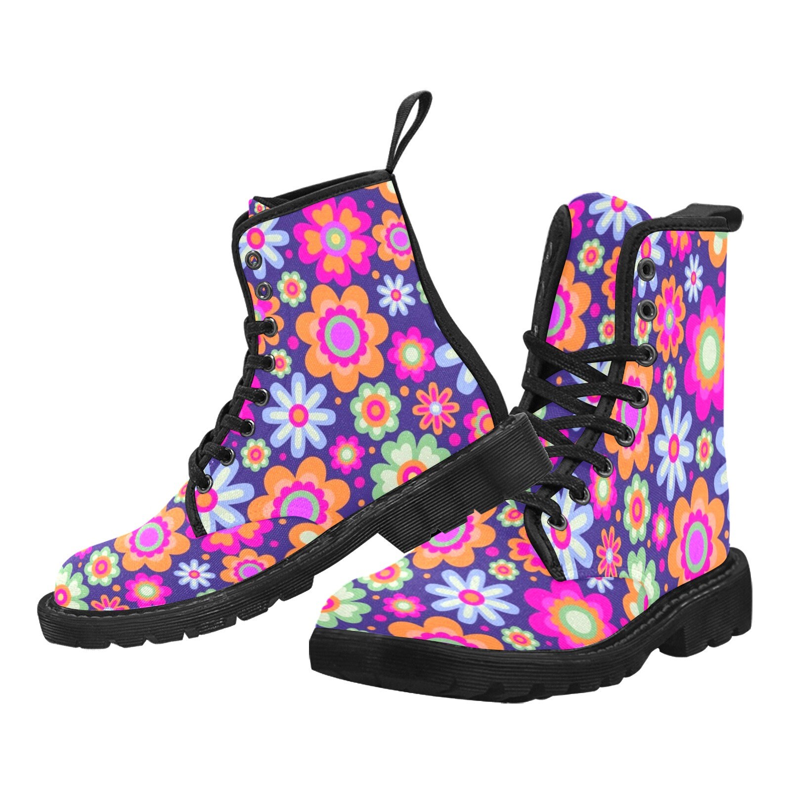 Groovy Flowers Women's Boots, Purple Pink Retro Vintage 70S Floral Vegan Canvas Lace Up Ladies Shoes Print Black Ankle Combat Festival Work