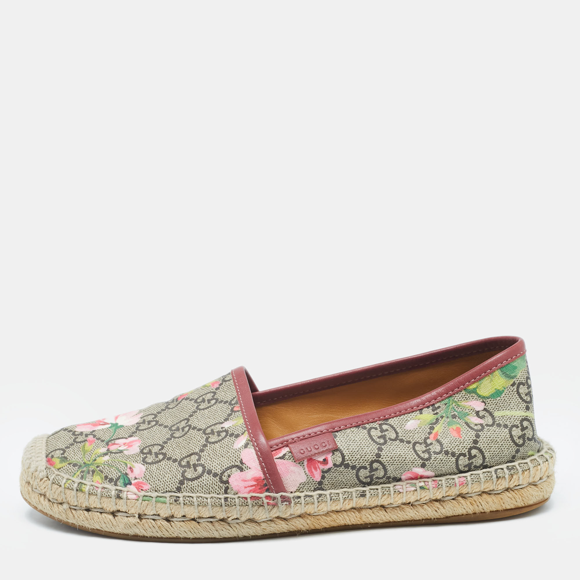 Gucci Beige Flora Print Coated Canvas and Leather Slip On Espadrilles Size 38