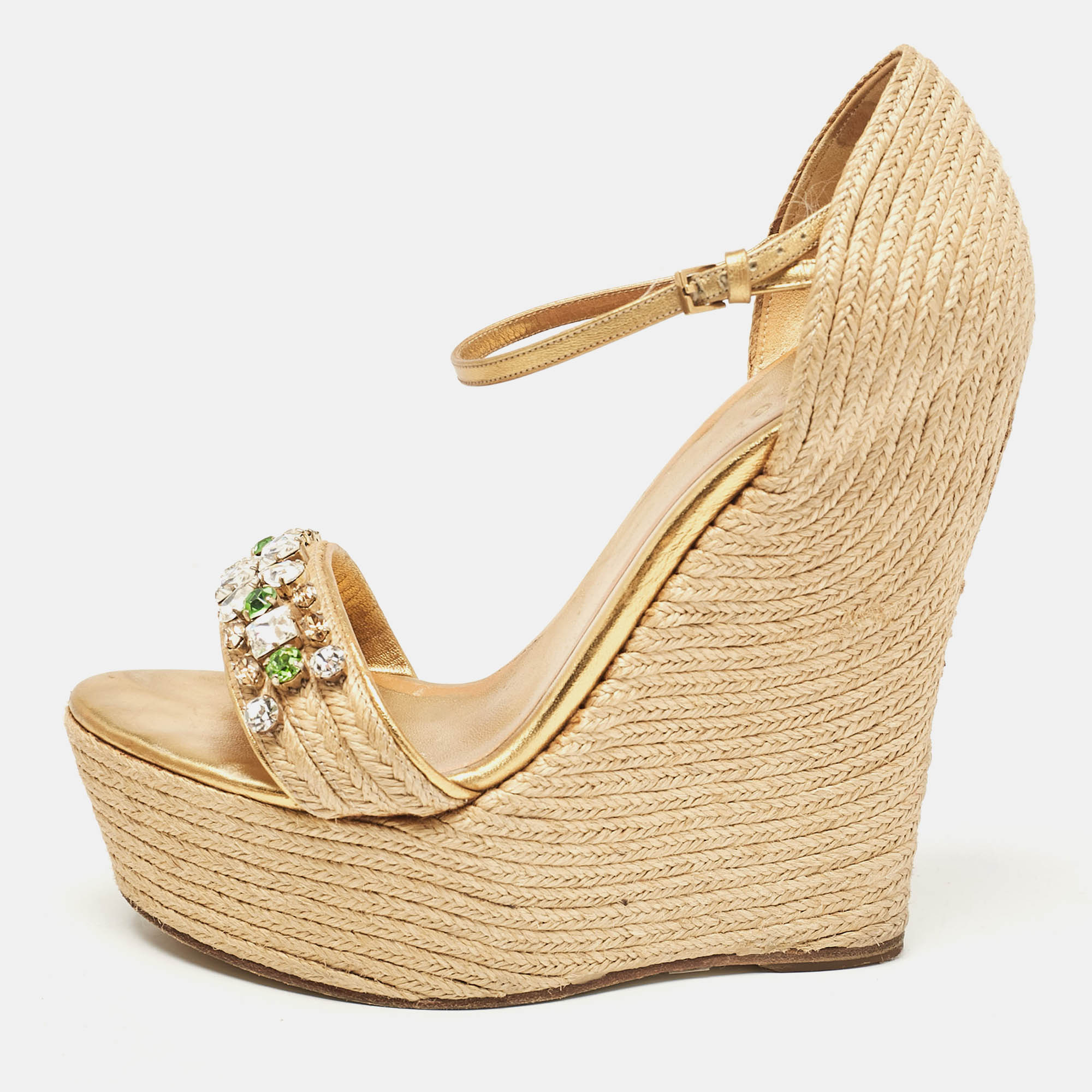 Gucci Beige/Gold Jute and Leather Crystal Embellished Wedge Sandals Size 37.5