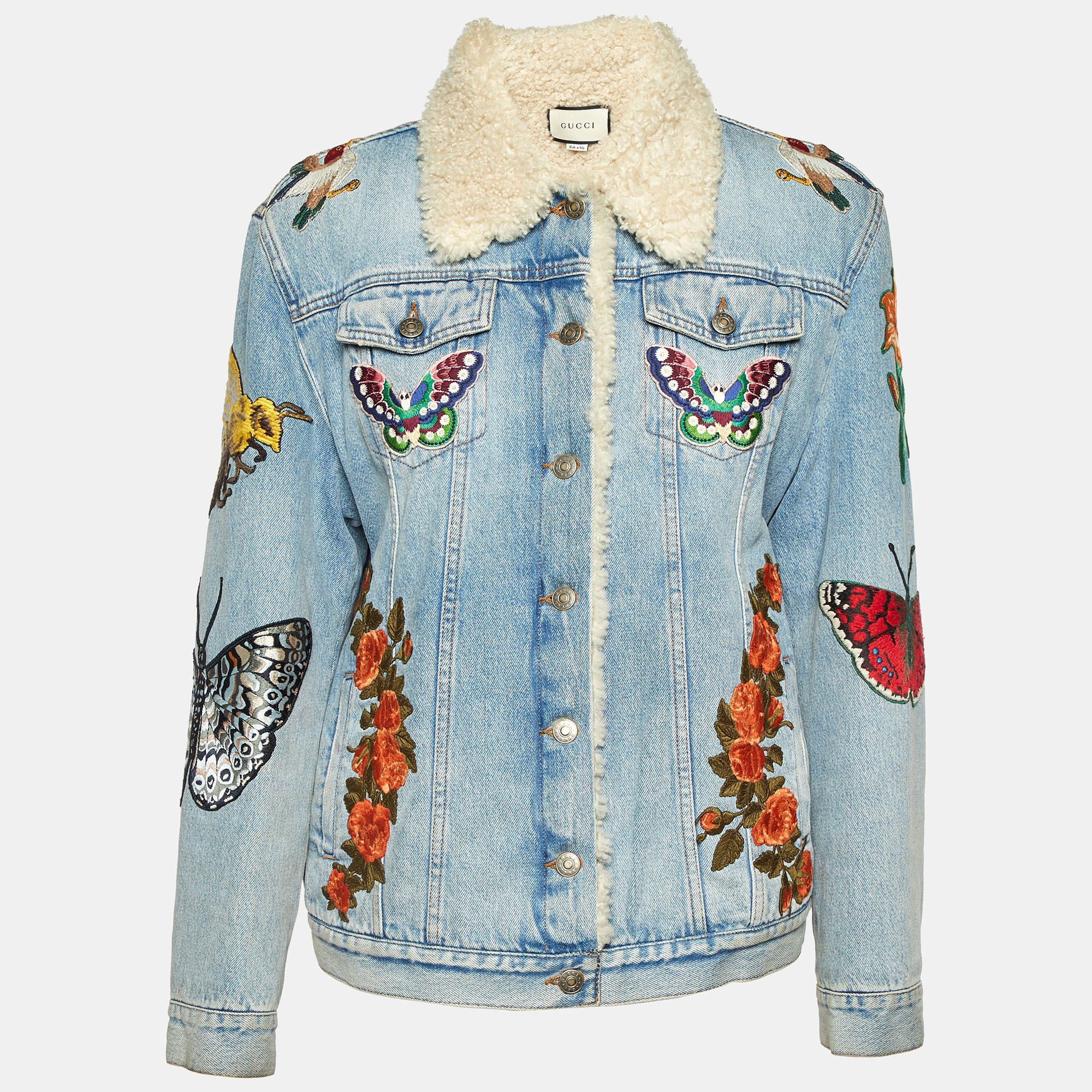 Gucci Blue Floral Appliqued Denim & Shearling Jacket M