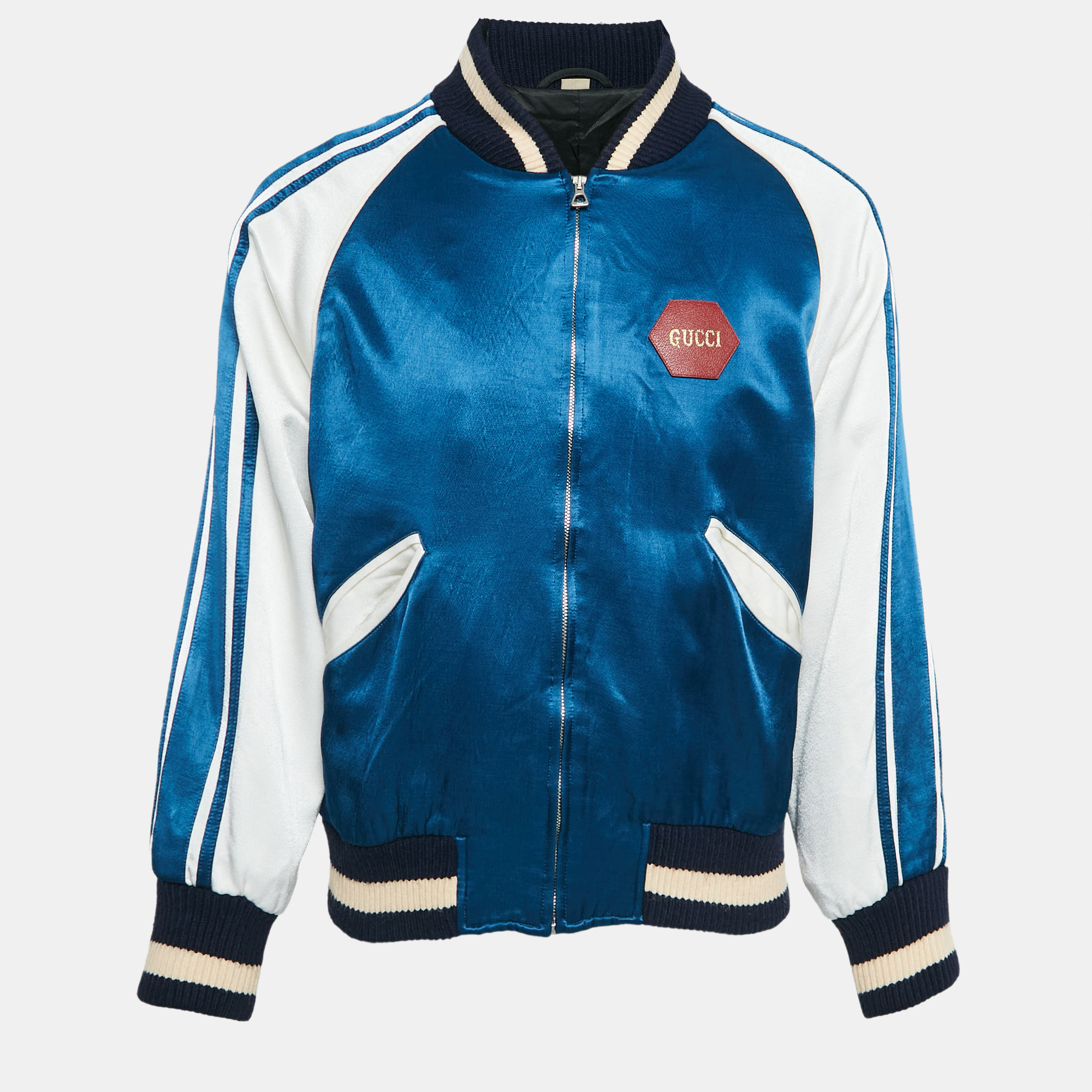 Gucci Blue Music is Mine Satin Varsity Jacket M