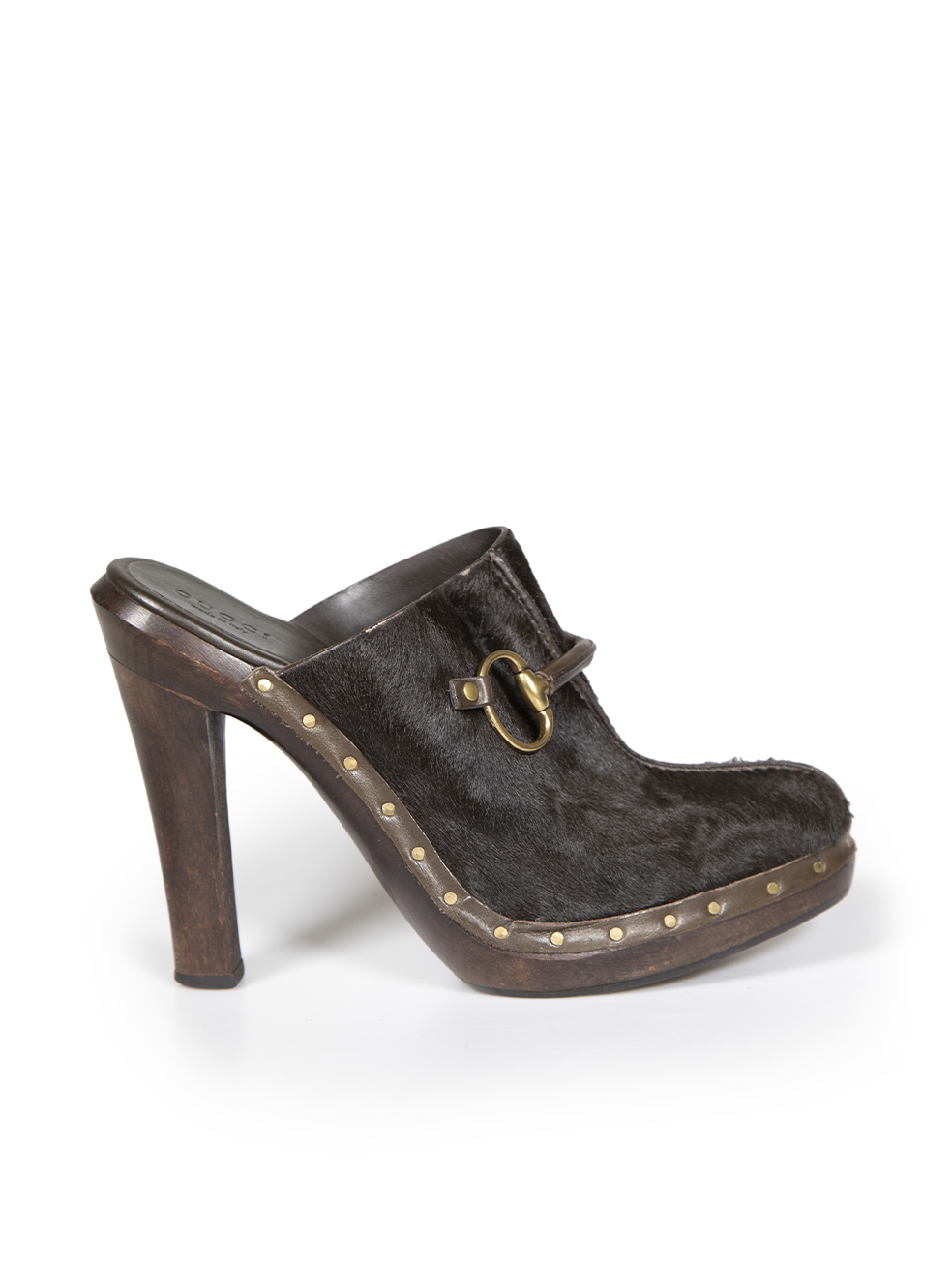 Gucci Brown Ponyhair Horsebit Accent Wooden Mules