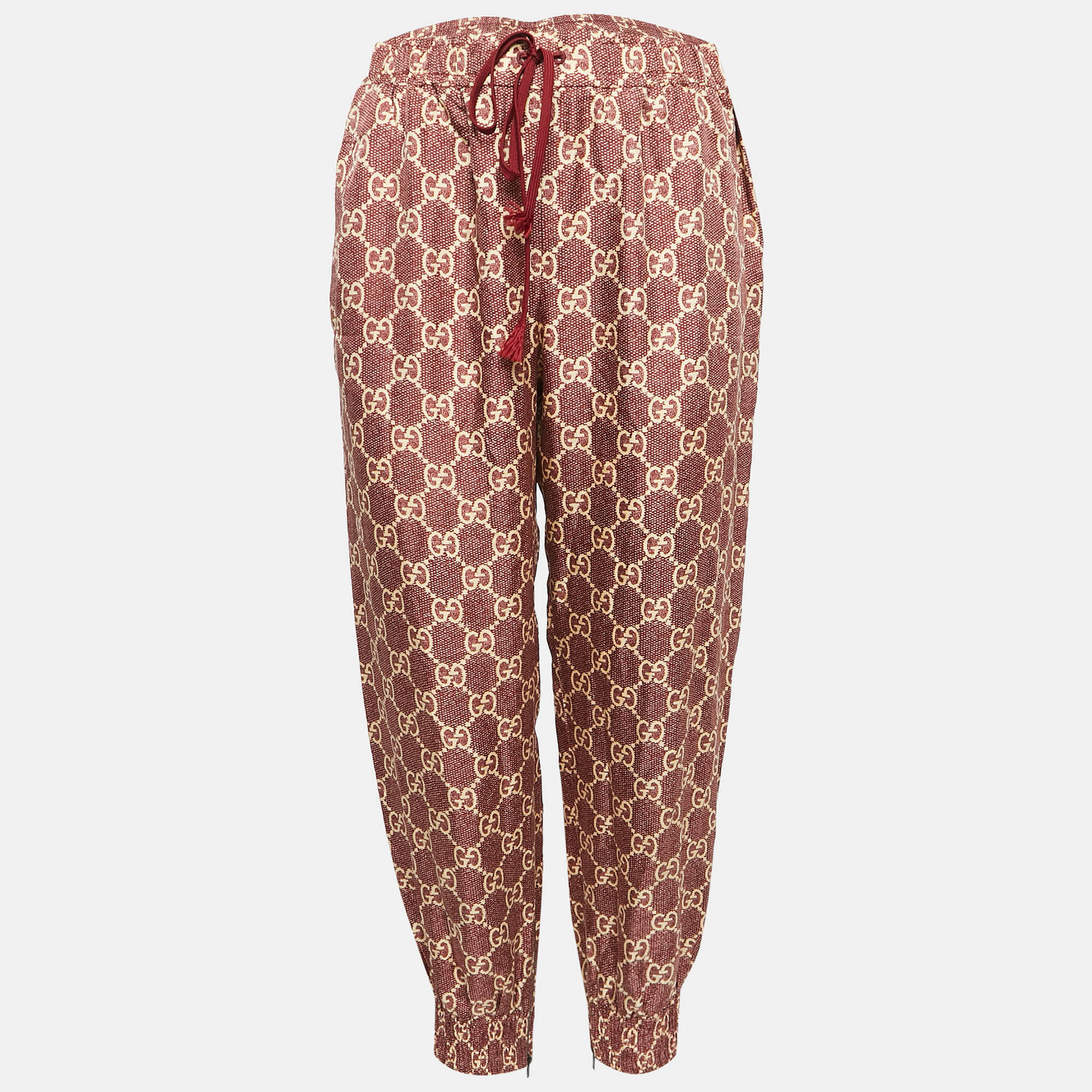 Gucci Burgundy GG Supreme Print Silk Joggers L