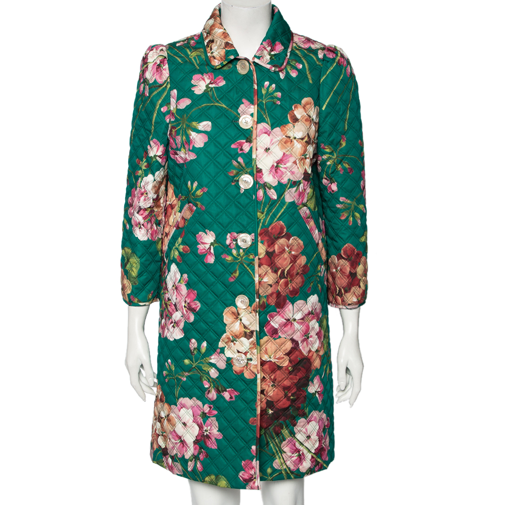 Gucci Green Floral Printed Quilted Cotton Button Front Coat M