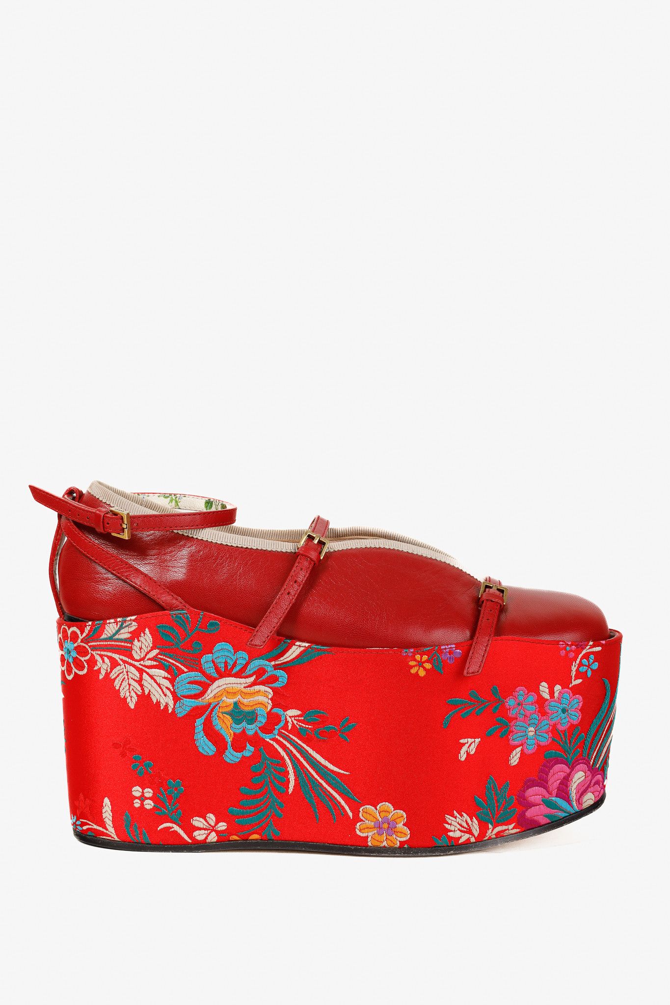 Gucci Hibiscus Malaga Silk Hannelore Detachable Platform Shoes in Red, Women's (Size 6)