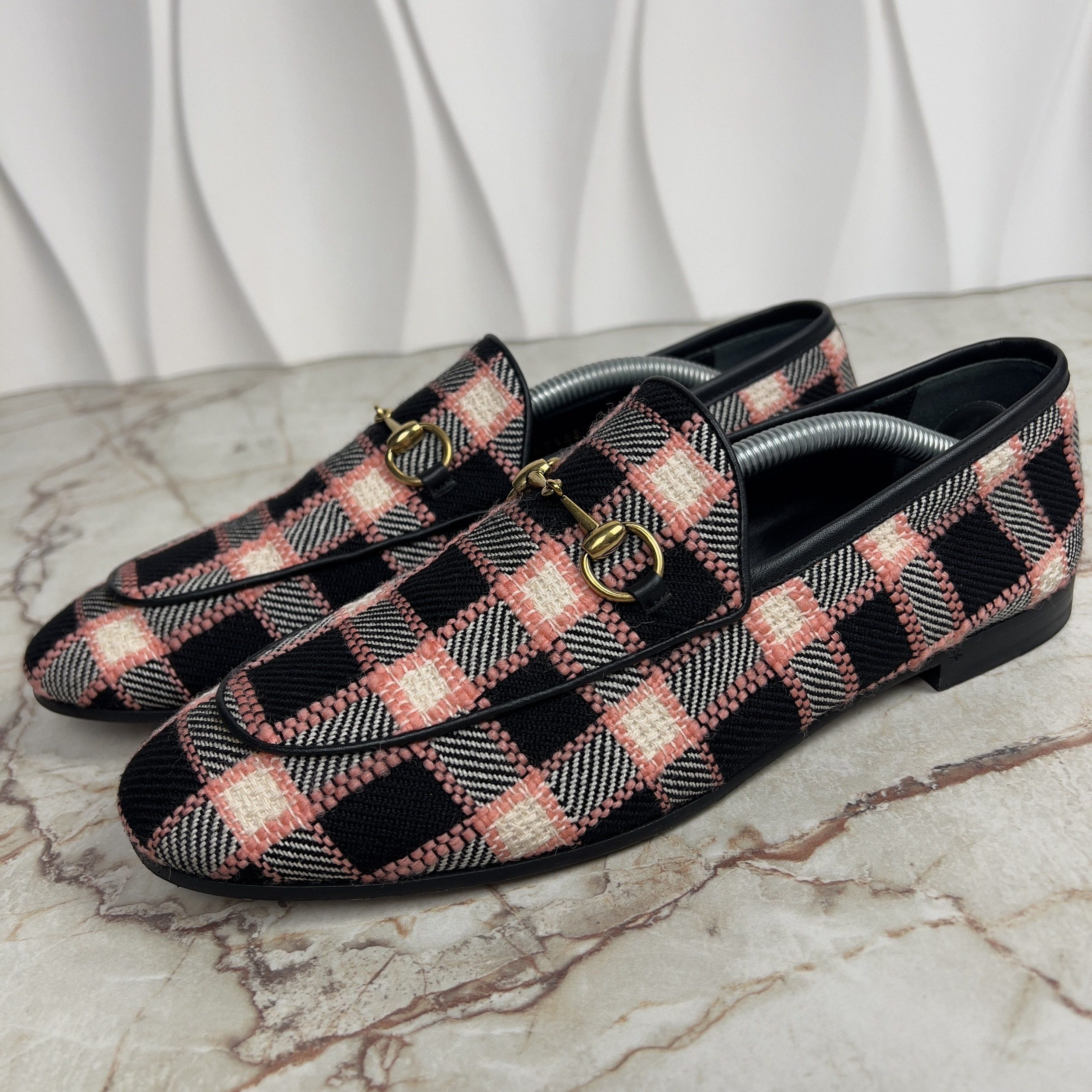 Gucci Jordaan Horsebit Loafers Flats Multicolor Plaid Check Tweed in Black Pink, Women's (Size 9.5)