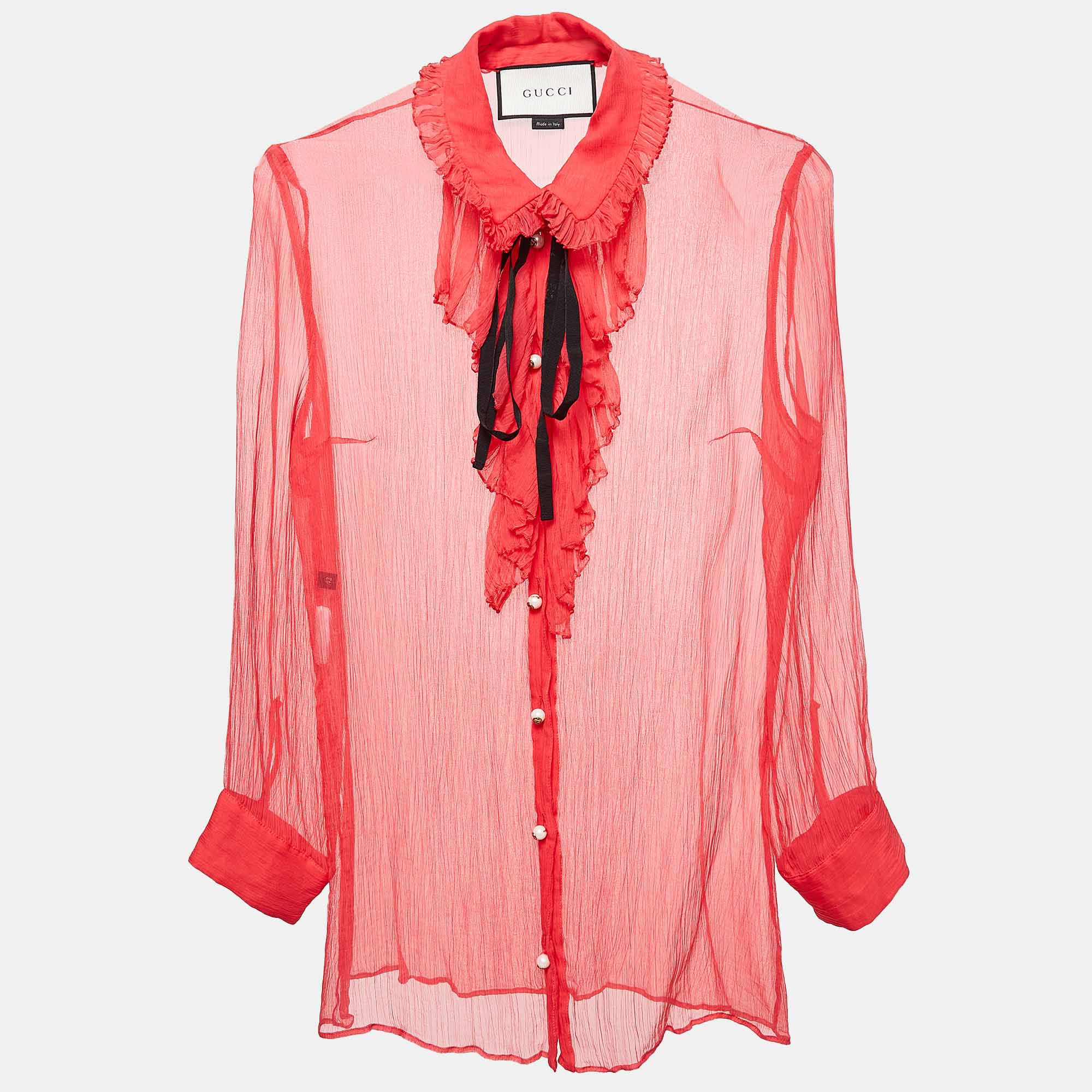 Gucci Pink Chiffon Ruffled Sheer Shirt M