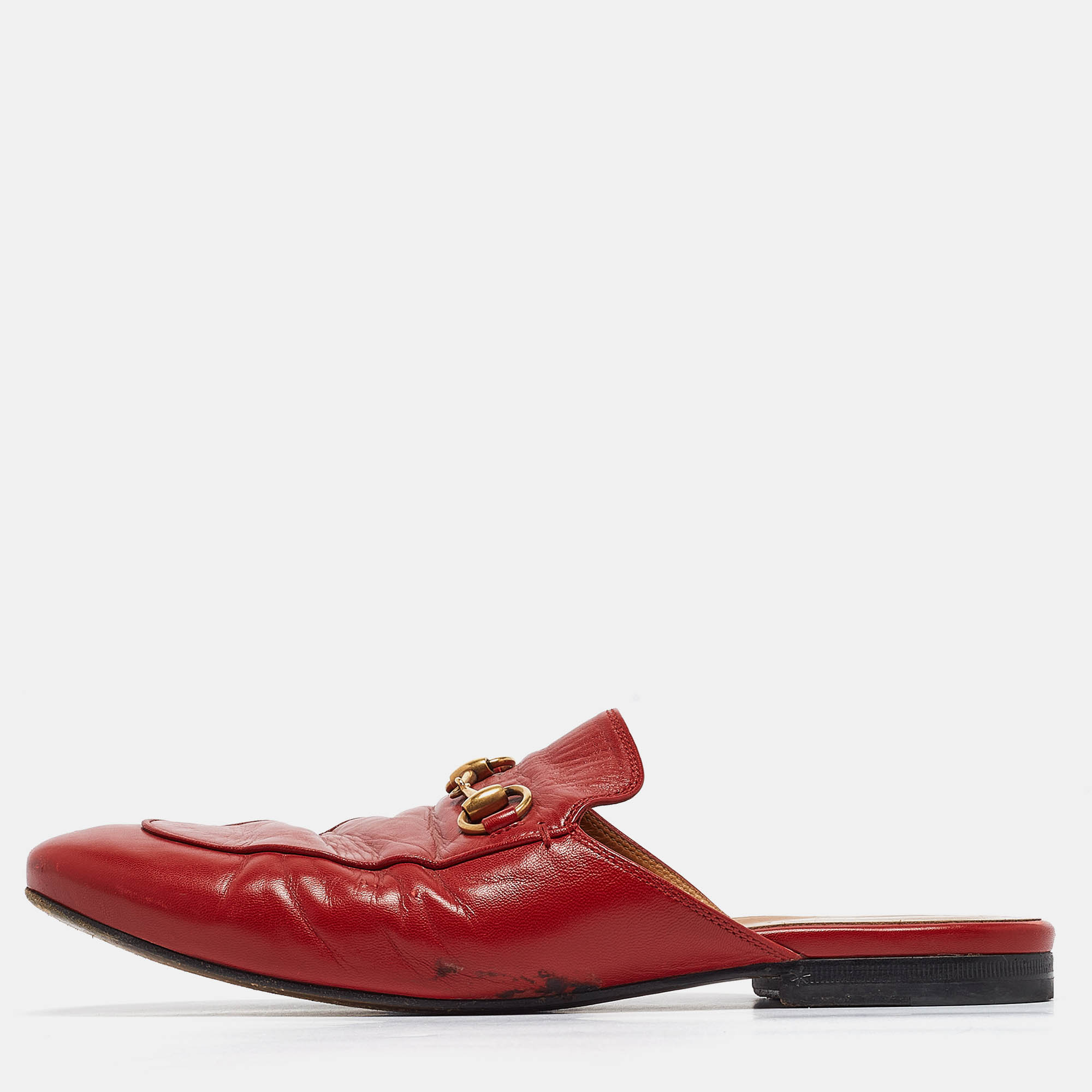 Gucci Red Leather Princetown Flat Mules Size 37.5