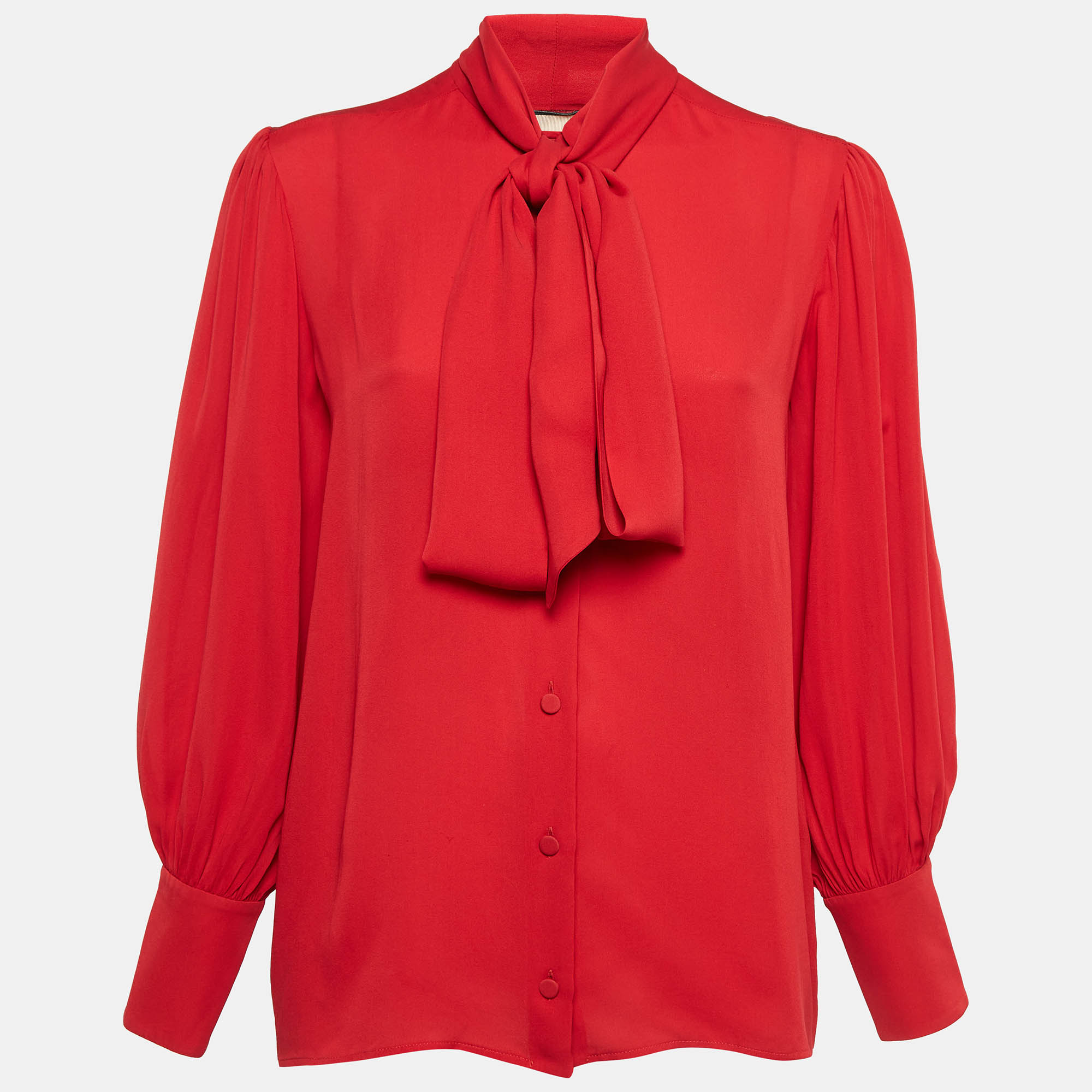 Gucci Red Satin Silk Tie-Up Neck Blouse S