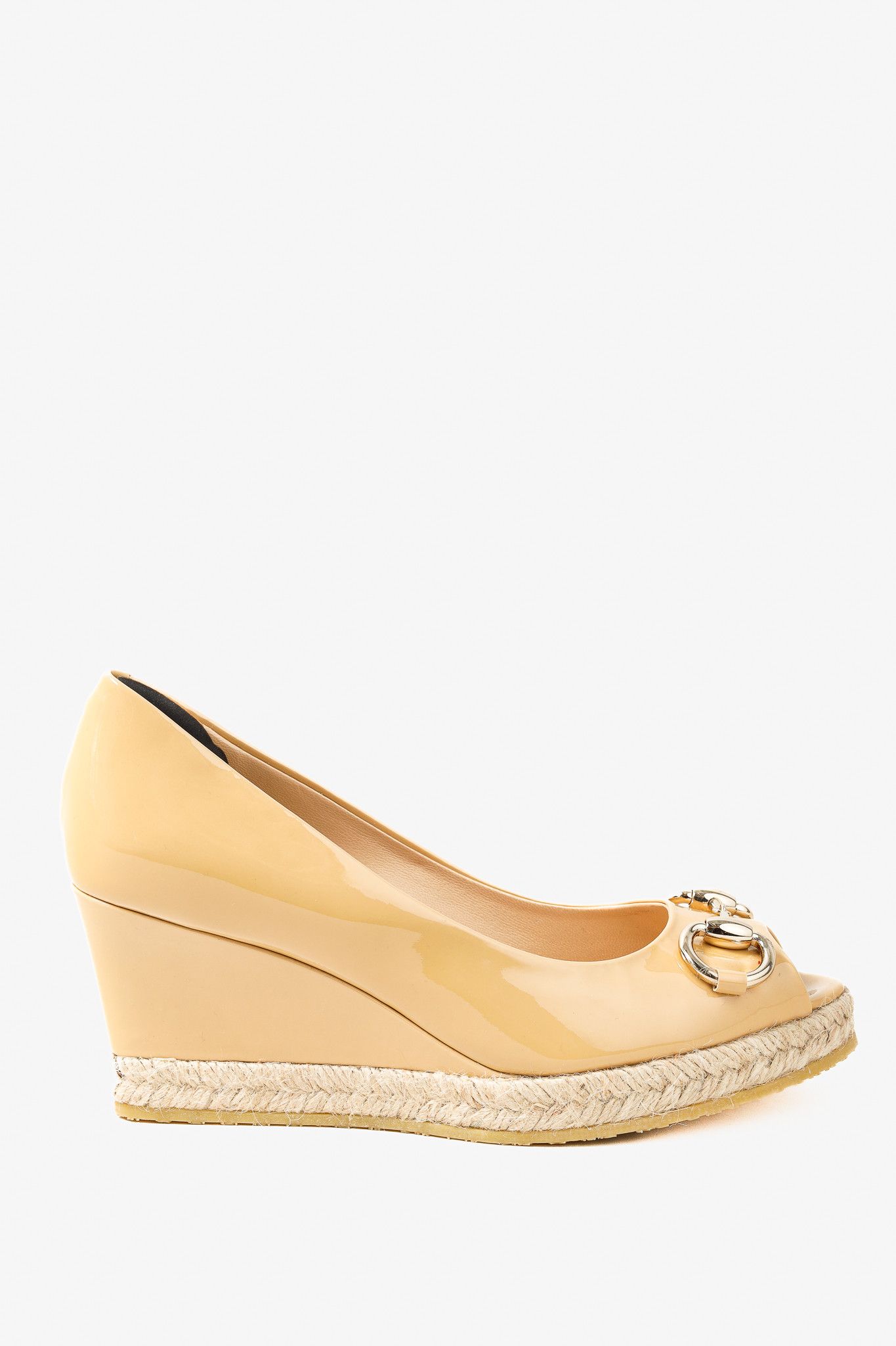 Gucci Silver Bit Peep-Toe Patent Leather Wedge Espadrille Shoes in Nude, Women's (Size 4.5)