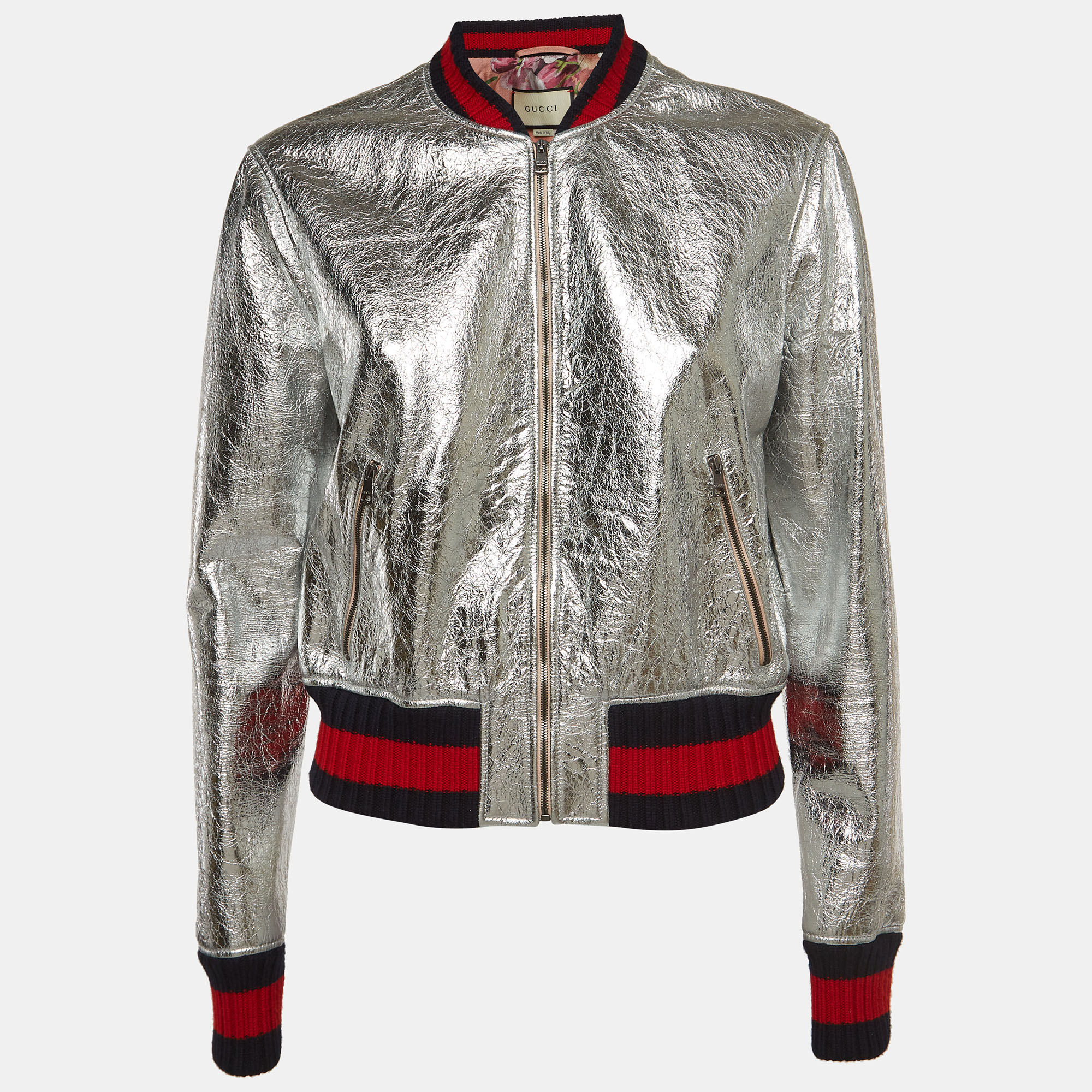 Gucci Silver Metallic Crinkle Leather Bomber Jacket L