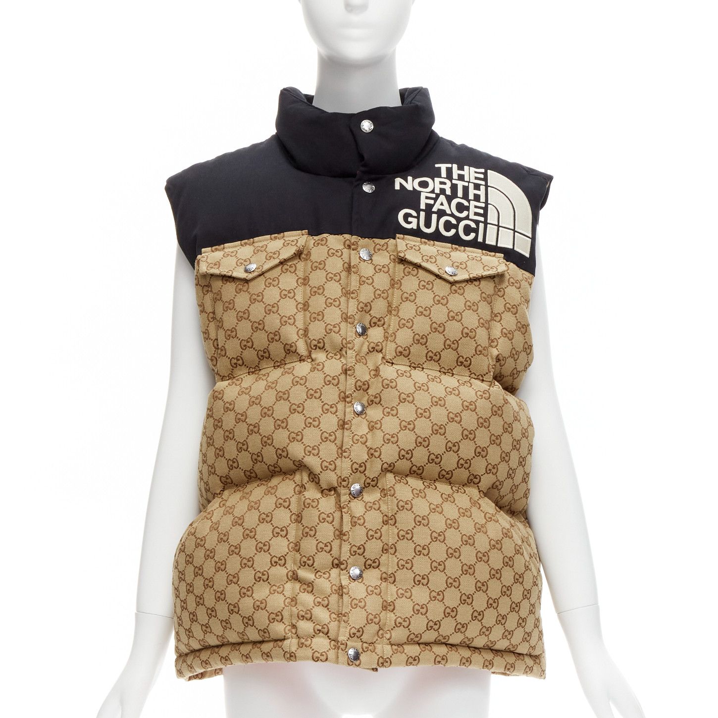 Gucci The North Face Black Beige Big Logo GG Monogram Padded Vest Jacket It40 S, Women's (Size Small)