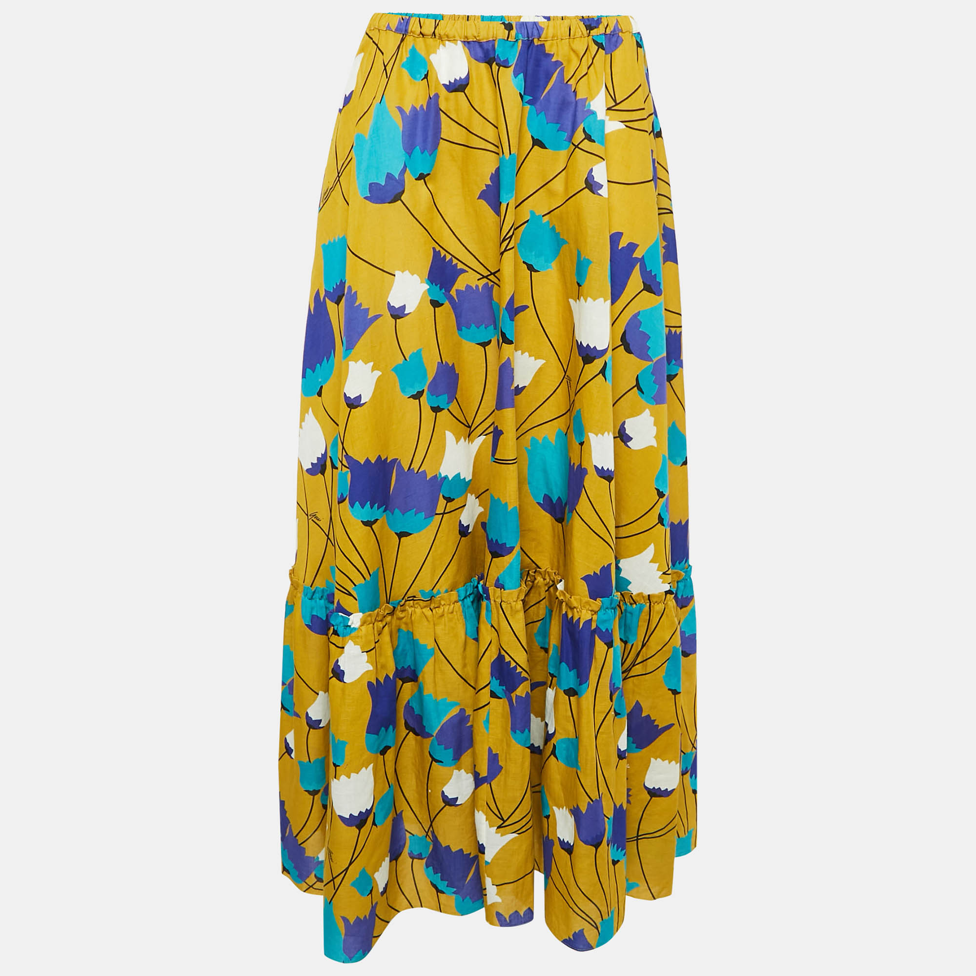 Gucci Yellow/Blue Floral Print Cotton Tiered Maxi Skirt M