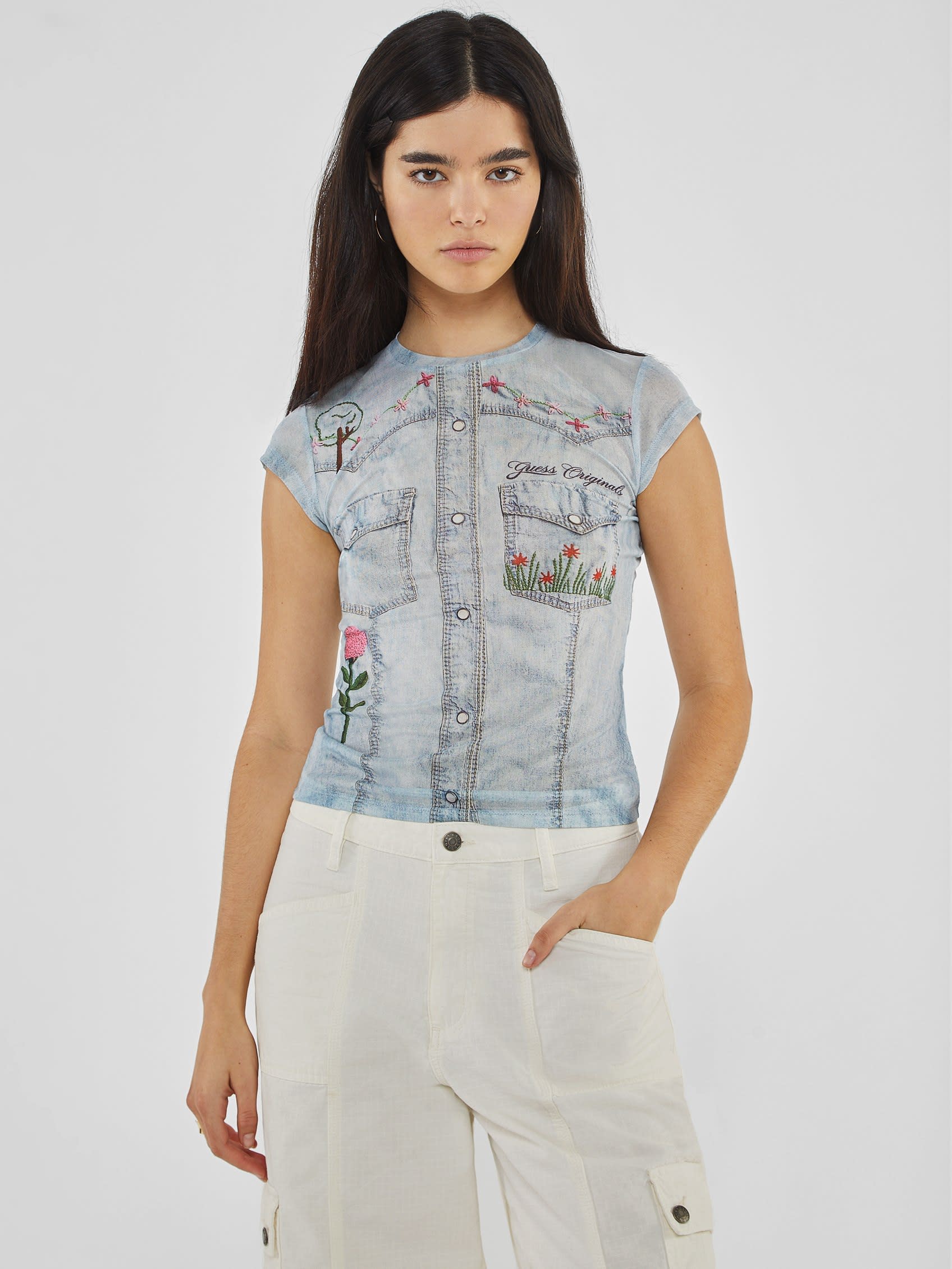 Guess Originals Printed Denim Mesh Top