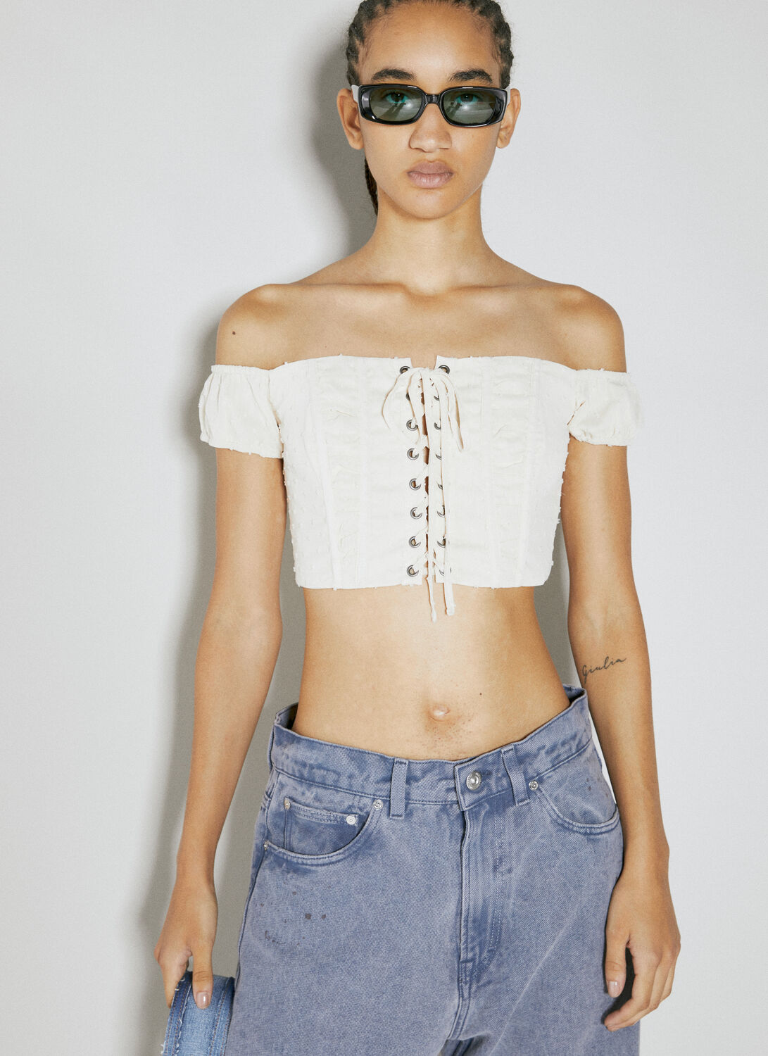 Guess USA Lace Corset Crop Top - Woman Tops White M