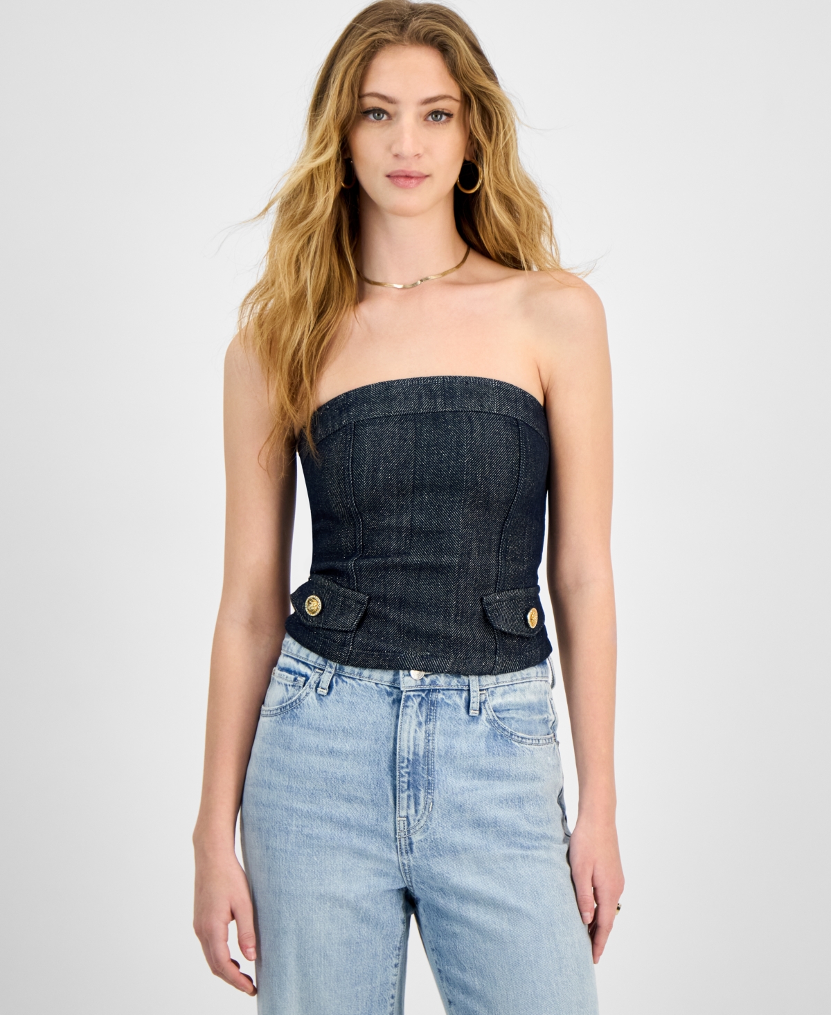 Guess Women's Chany Metallic Denim Corset Top - Glam De Glitter