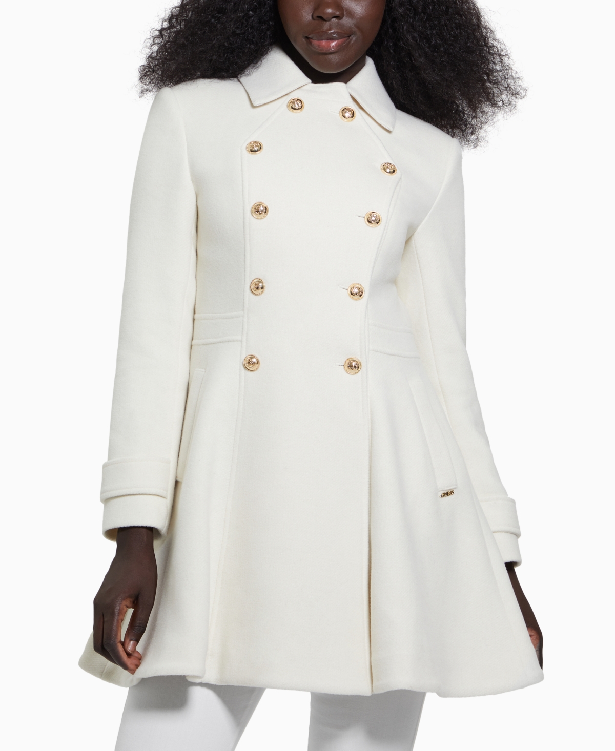 Guess Women's Collared Double-Breasted Peplum Coat - Cream White