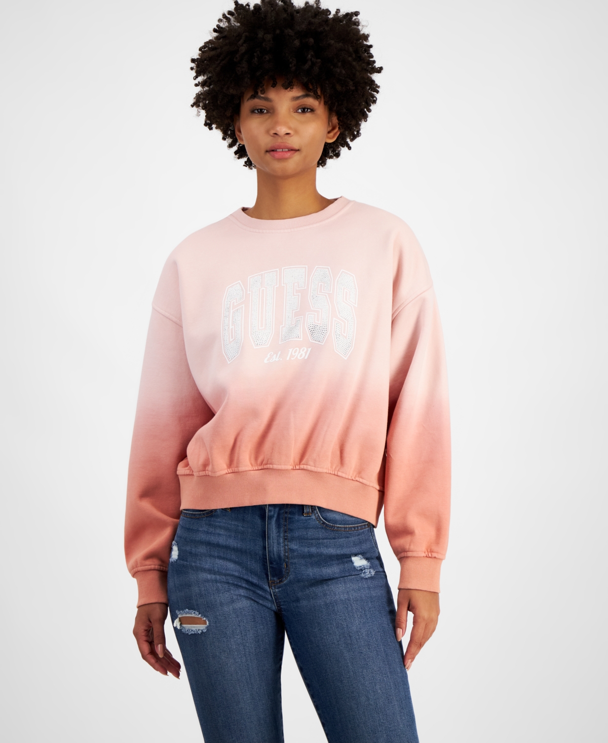 Guess Women's Crewneck Embellished-Logo College Sweatshirt - Pink and Satin Rose Degrade