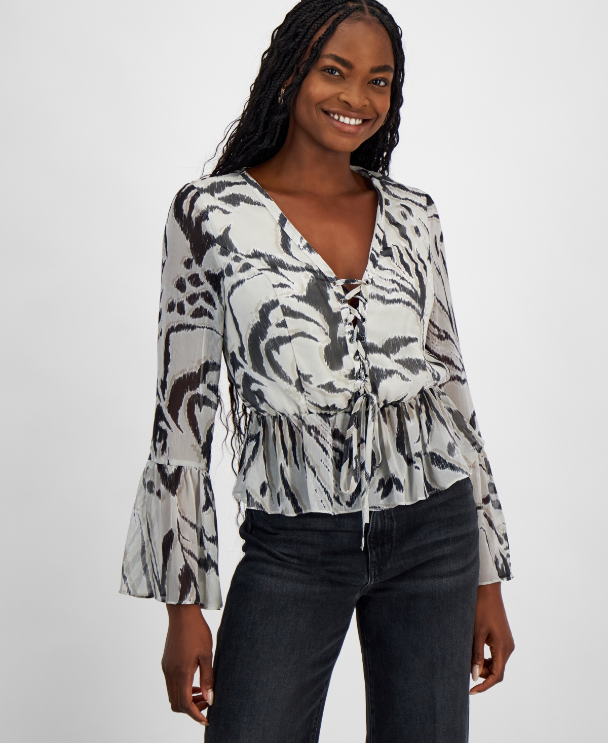 Guess Women's Demi Printed Lace-Up Peplum Top - Zebra Skin Print