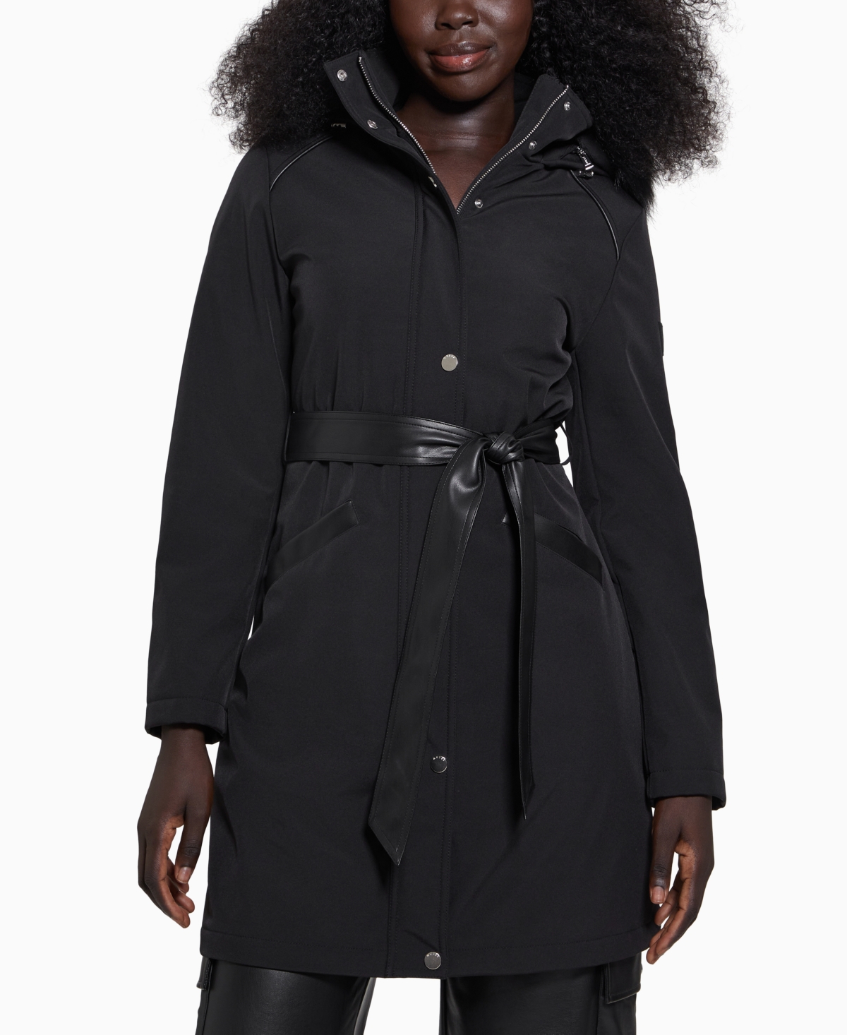 Guess Women's Faux-Fur-Trim Hooded Belted Raincoat - Jet Black