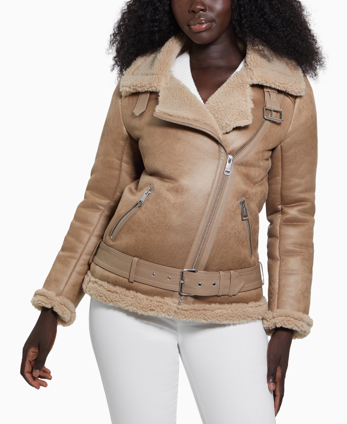 Guess Women's Faux-Shearling Asymmetric Moto Coat - Tan